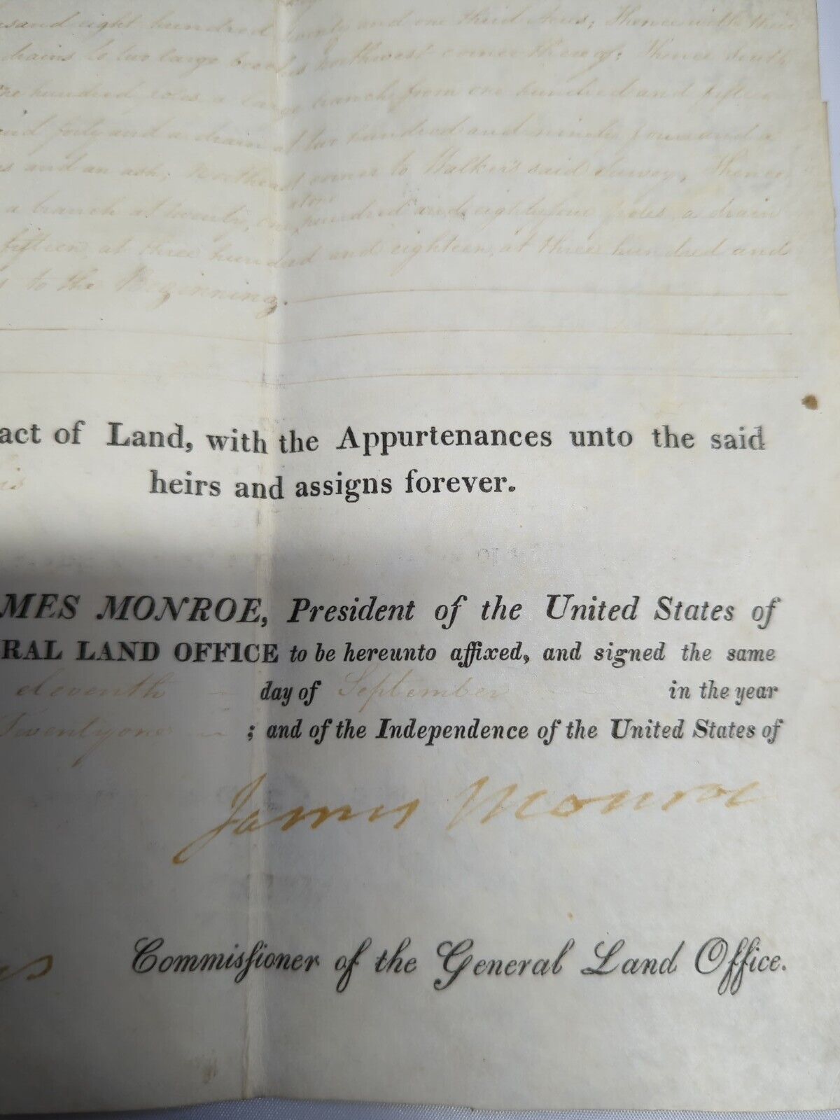President James Monroe Signed Land Grant 1821 Beautiful Autograph