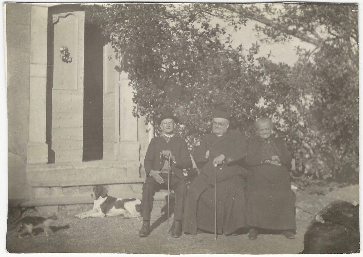 Man Woman Dog & Cat Sit in Yard with Monsignor Priest Vintage Portrait Snapshot