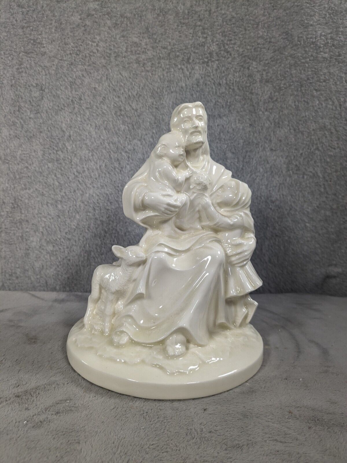 Vintage Ceramic Opalescent Jesus with Lamb & Children Figurine by Ron Molds 1985