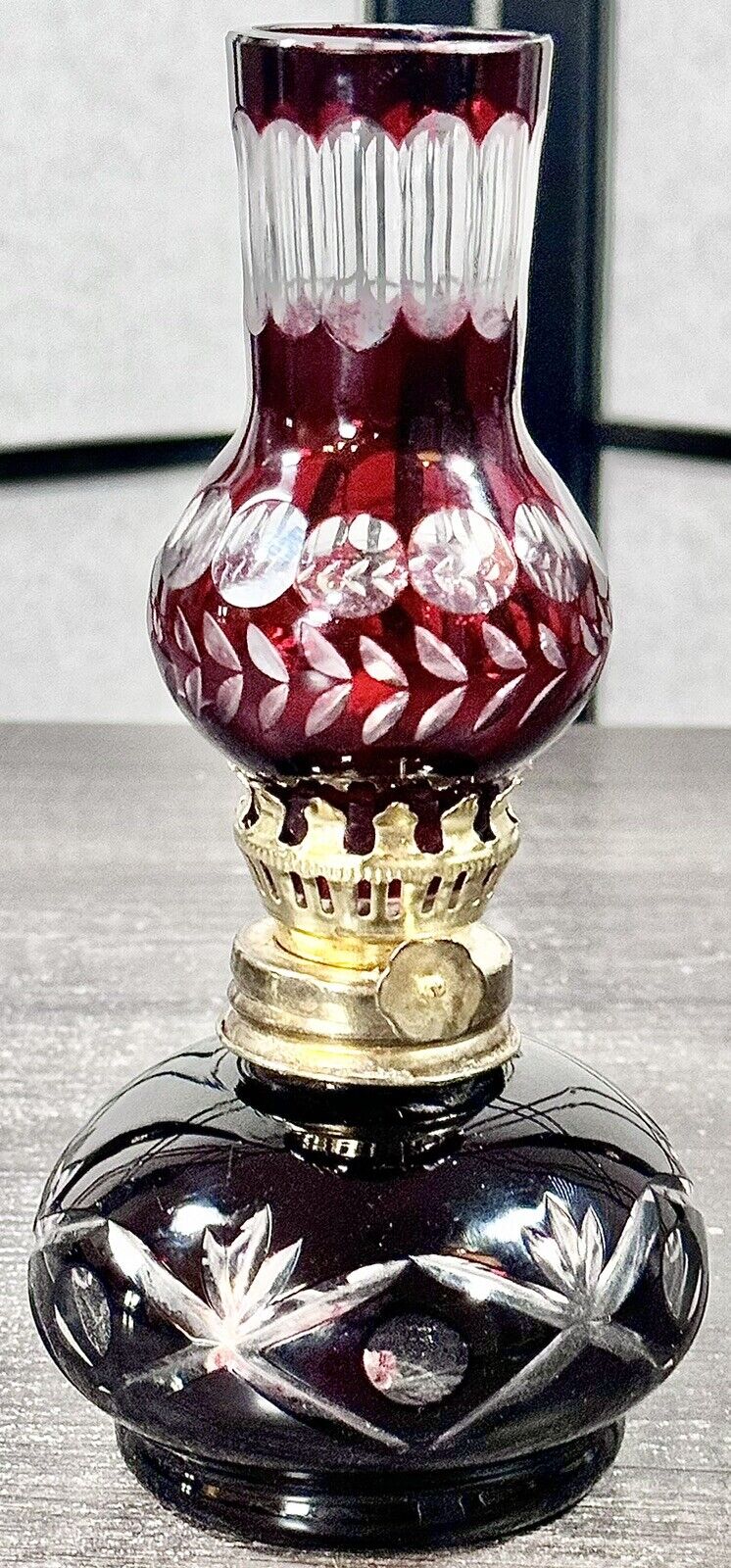 1900'S ORIGINAL RUBY OVERLAY CUT TO CLEAR BOHEMIAN MINI OIL LAMP & CHIMNEY 7 1/4