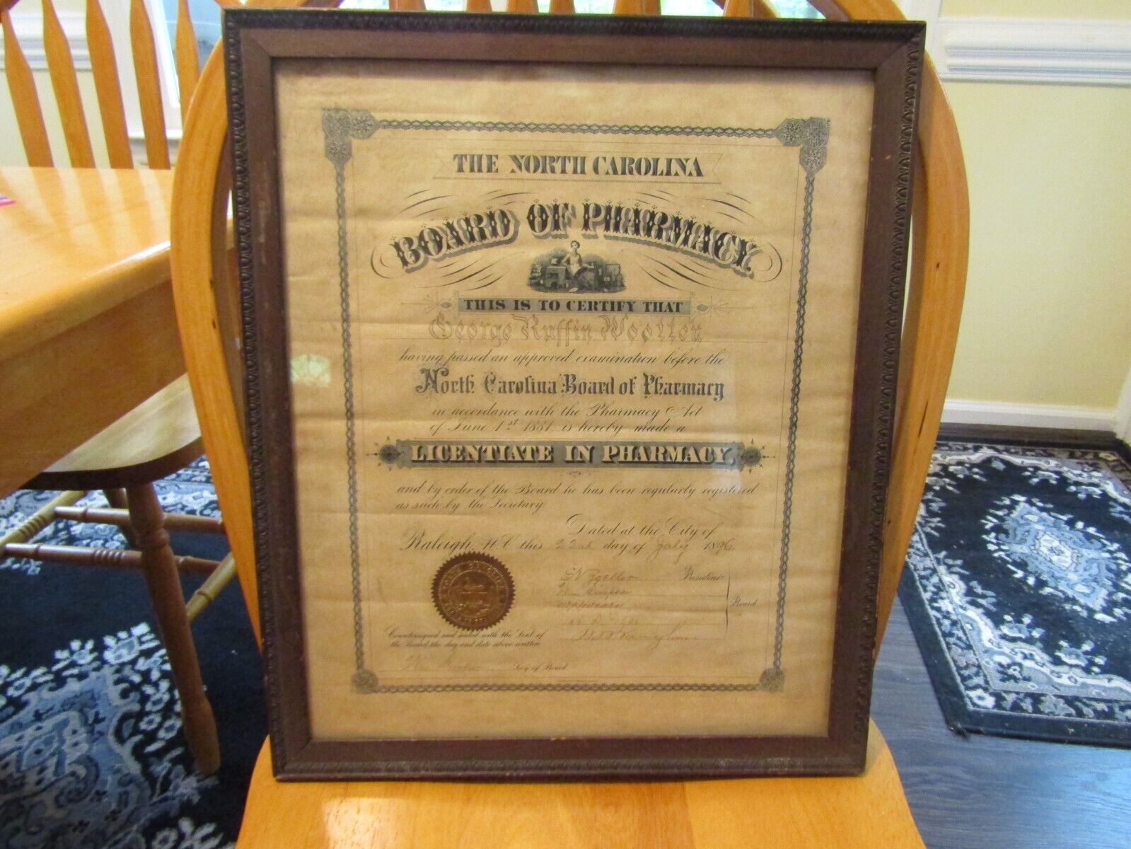 1896 North Carolina Board of Pharmacy License July 22, 1896