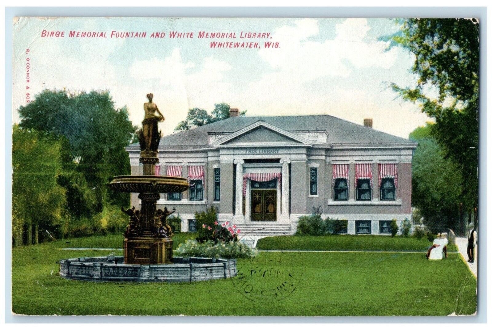 Birge Memorial Fountain And White Memorial Library Whitewater Wisconsin Postcard
