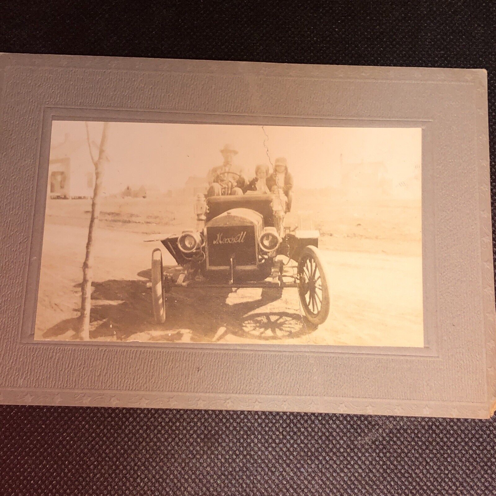 Two Antique Photos, c1910 Family Riding In Maxwell Car,Town In Background