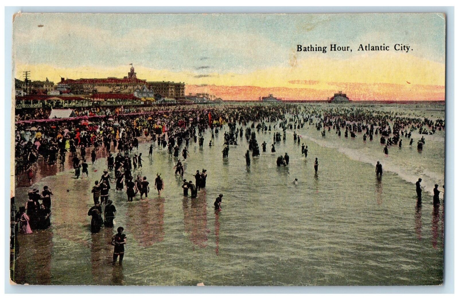 1914 Bathing Hour Crowd Buildings Boardwalk Atlantic City New Jersey NJ Postcard