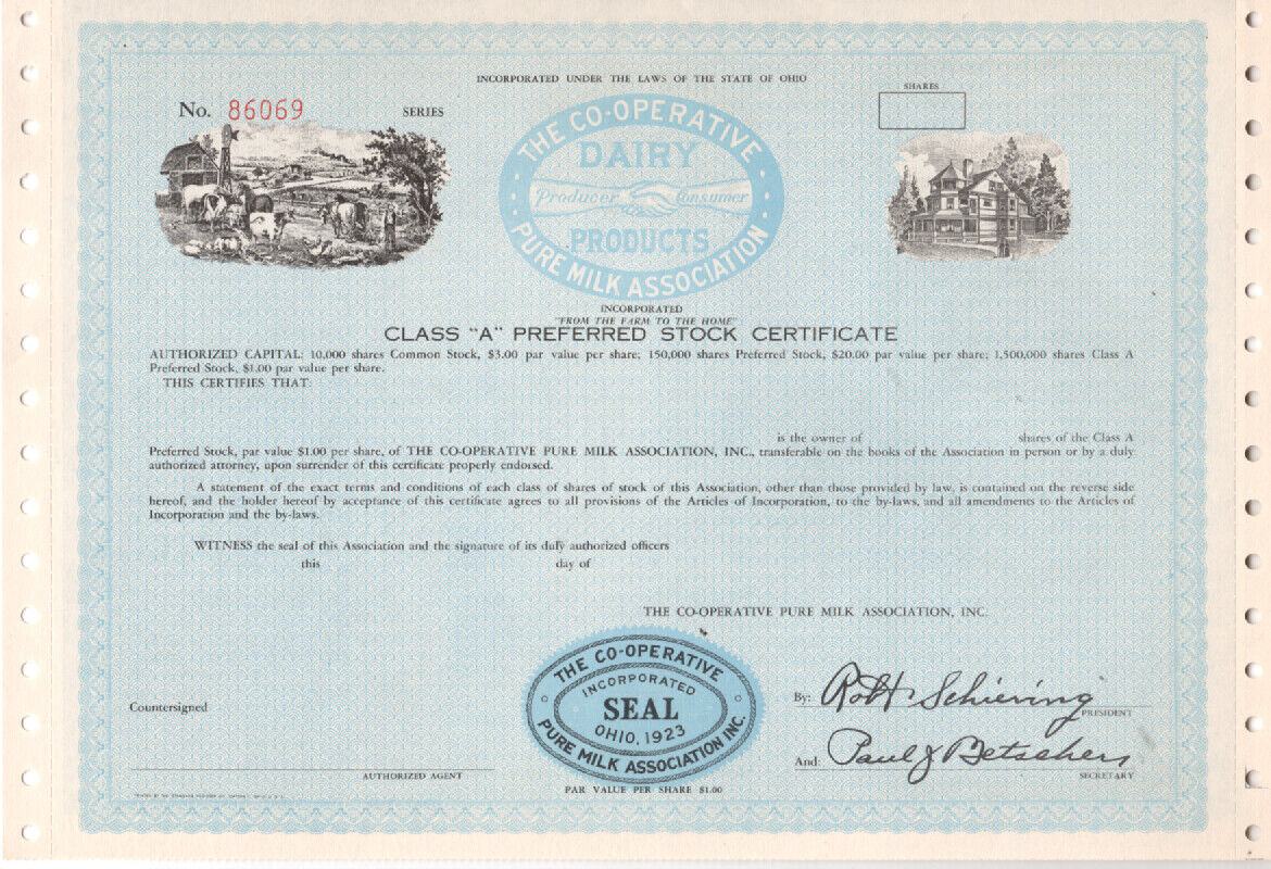 Co-operative Pure Milk  Assoc - Original Stock Certificate  - Unused - 86069