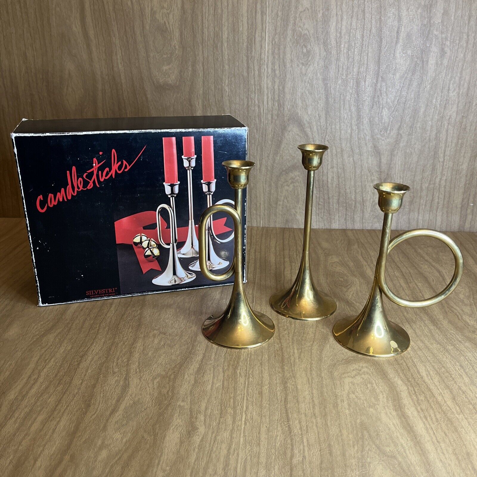 Vintage Silvestri Brass Candlestick Trio Horns Holders Holiday Decor Hong Kong