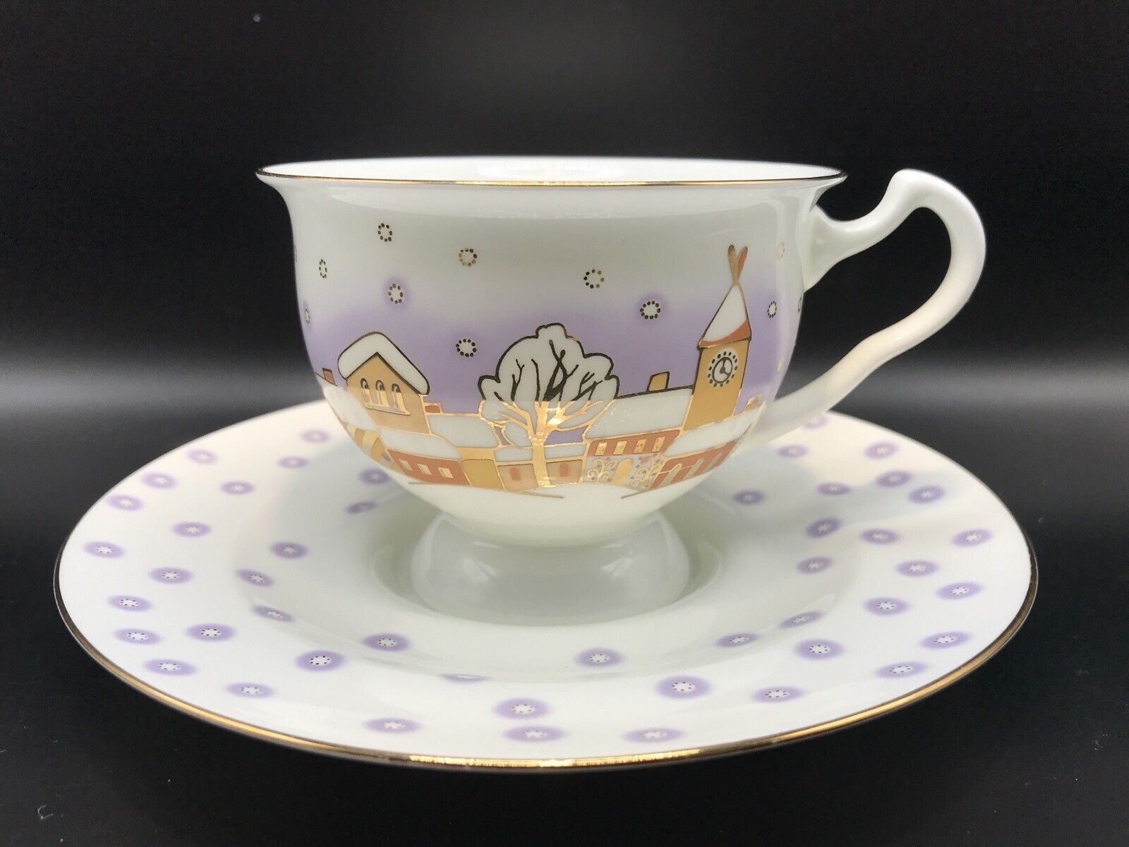 Russian Imperial Porcelain Lomonosov Tea Cup & Saucer Purple Winter Snowfall HTF