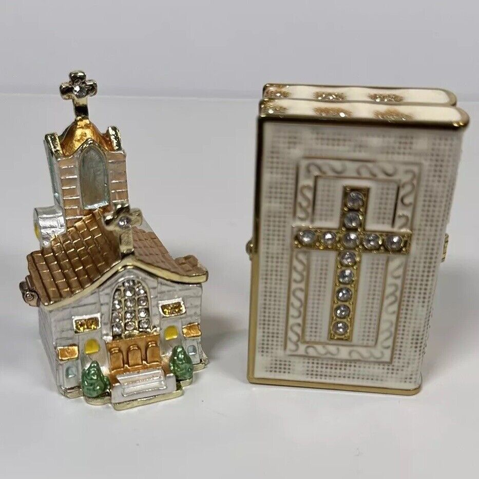 Church Bible Rhinestones Trinket Box Set Hinged Gold Dazeled Magnetic Closure
