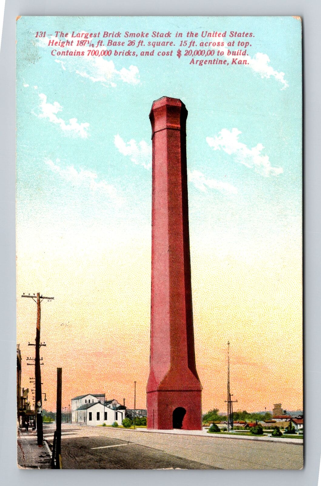 Argentine KS-Kansas, Largest Brick Smoke Stack, Antique, Vintage c1910 Postcard