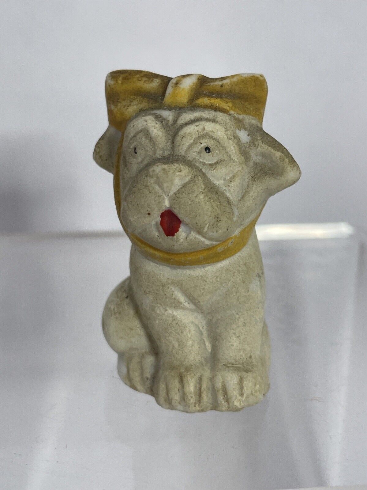 Miniature French Bulldog White With Yellow Bow Made In Japan 2” Ceramic