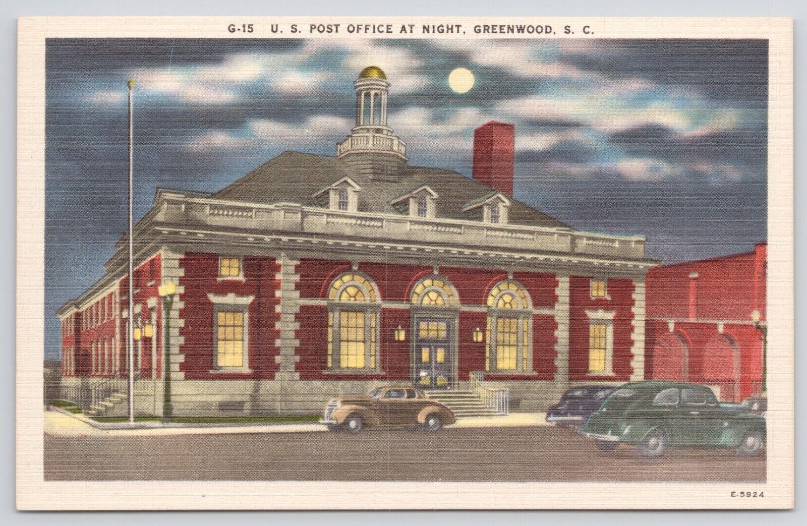 Greenwood South Carolina US Post Office at Night Linen Postcard