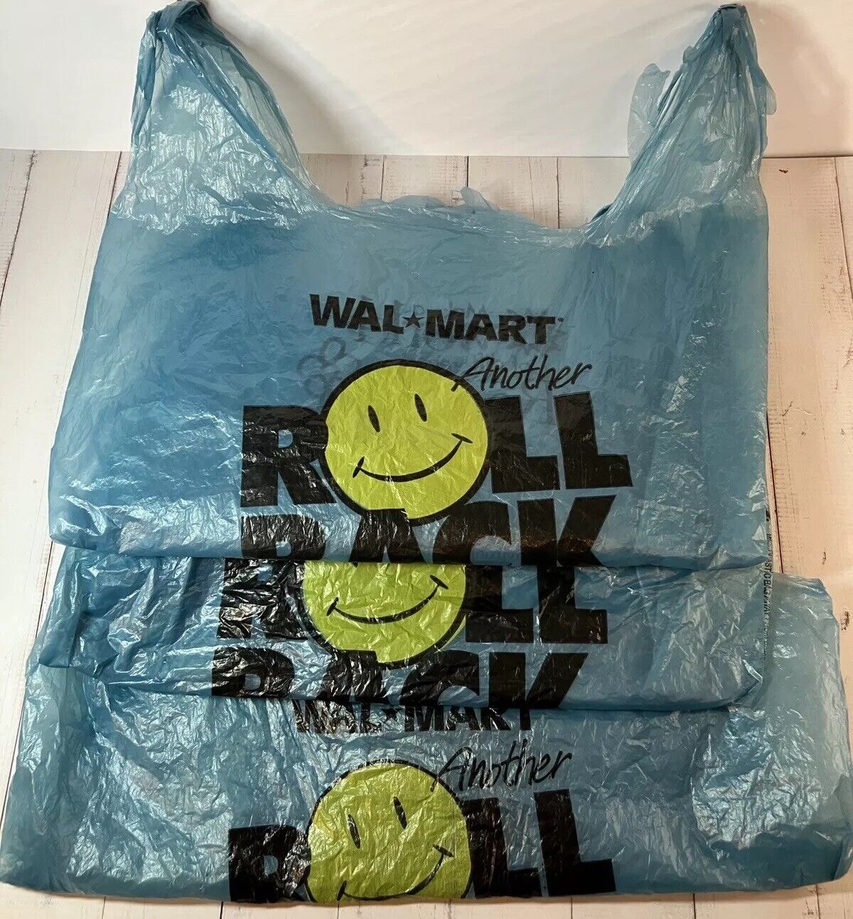 Three Vintage Walmart Blue Plastic Bag Roll Back Smiley Face 2000 Y2K Set of 3