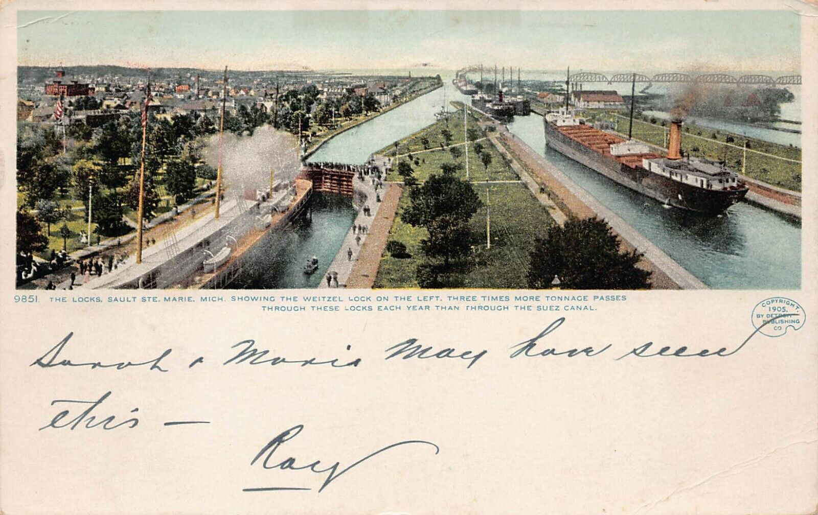 Sault Ste Marie MI Michigan The Locks 1905 Steamer Freighter Vtg Postcard Q10