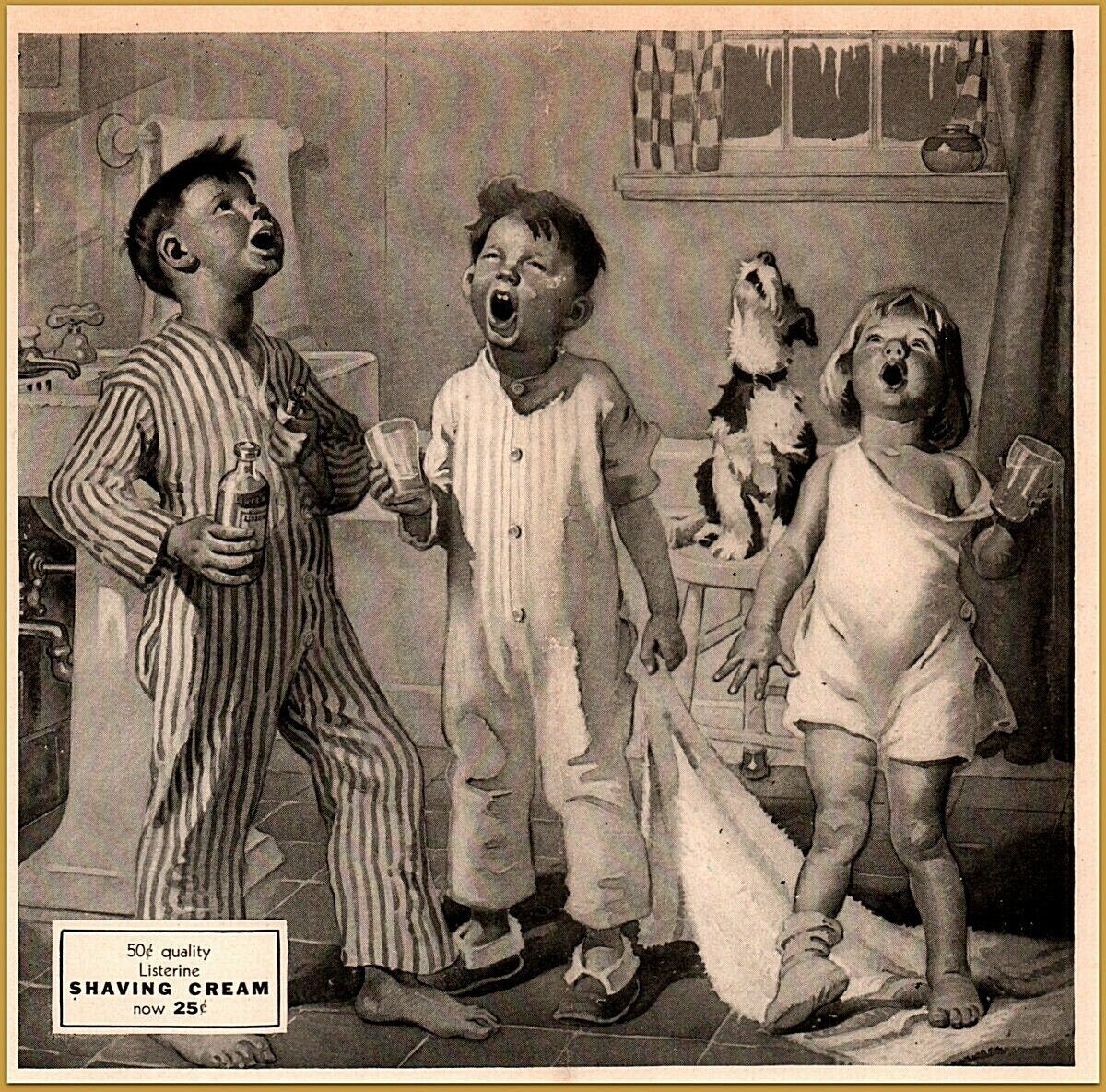1930 Listerine Bathroom Children Pajamas Gargling  Dog Howling Art Comic Ad