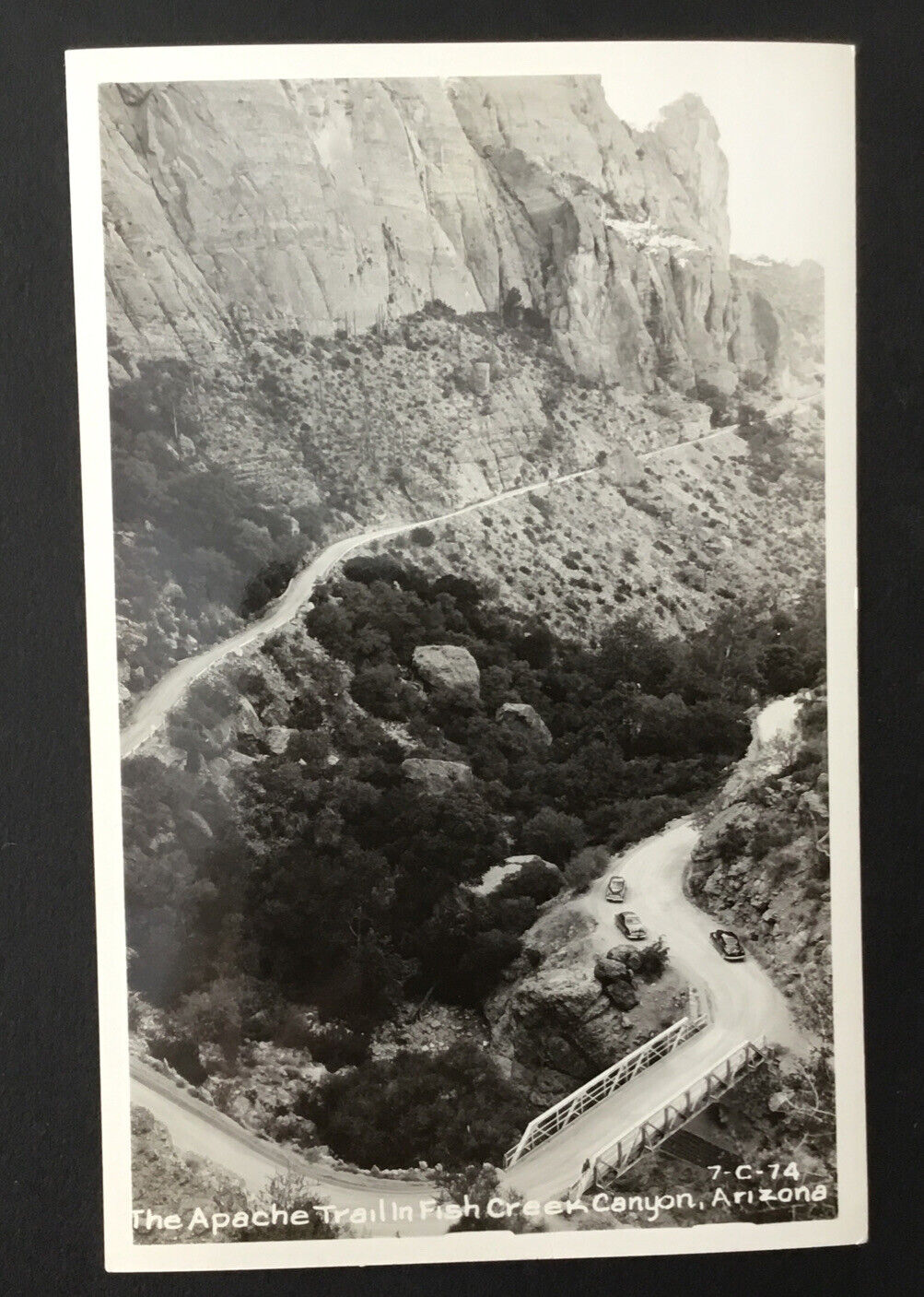 Arizona Apache Trail in Fish Creek Canyon, Cars & Bridge c1940s RPPC Postcard