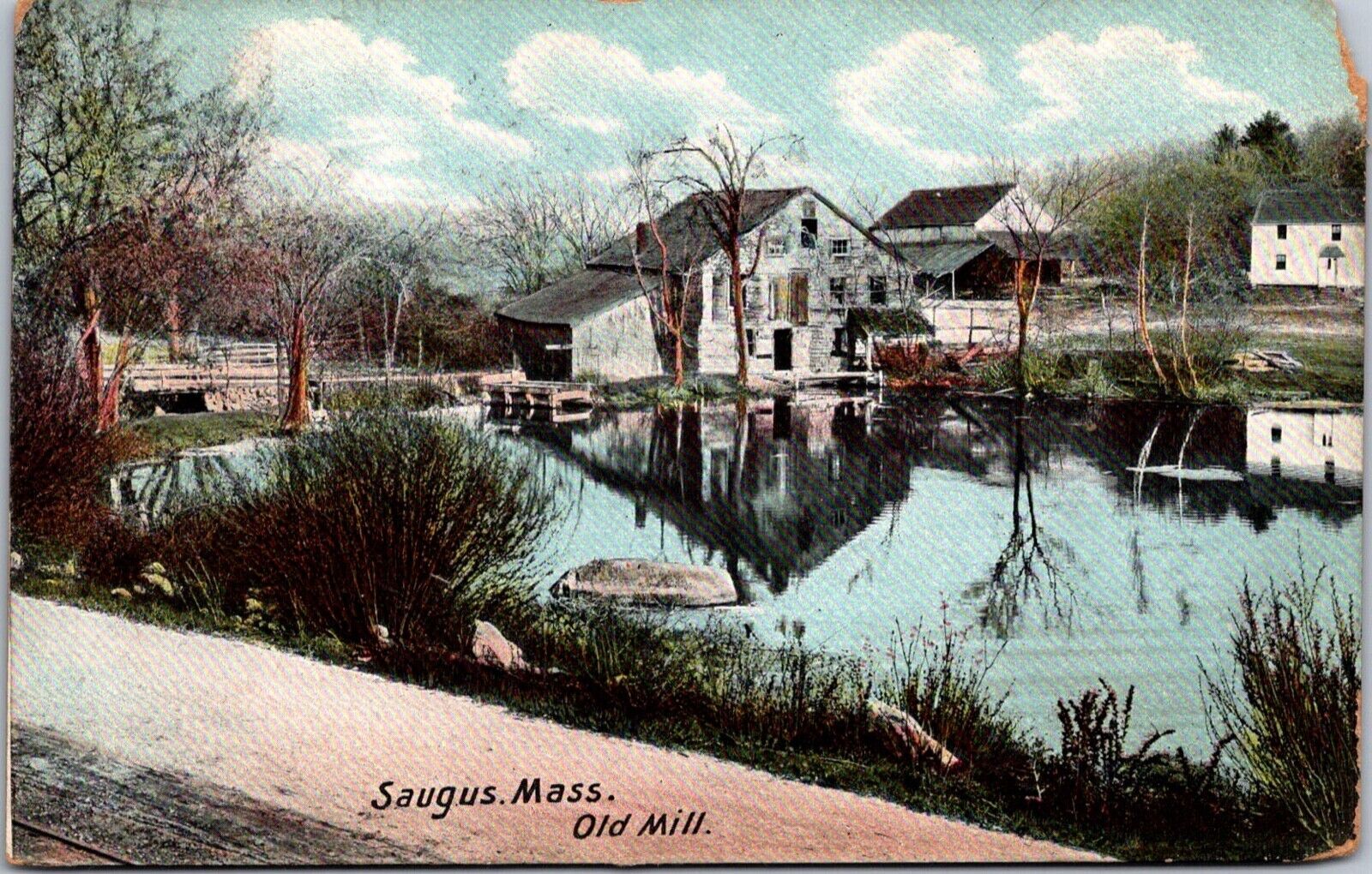 Postcard Saugus, MA Old Mill 1907 Dirt Road Water