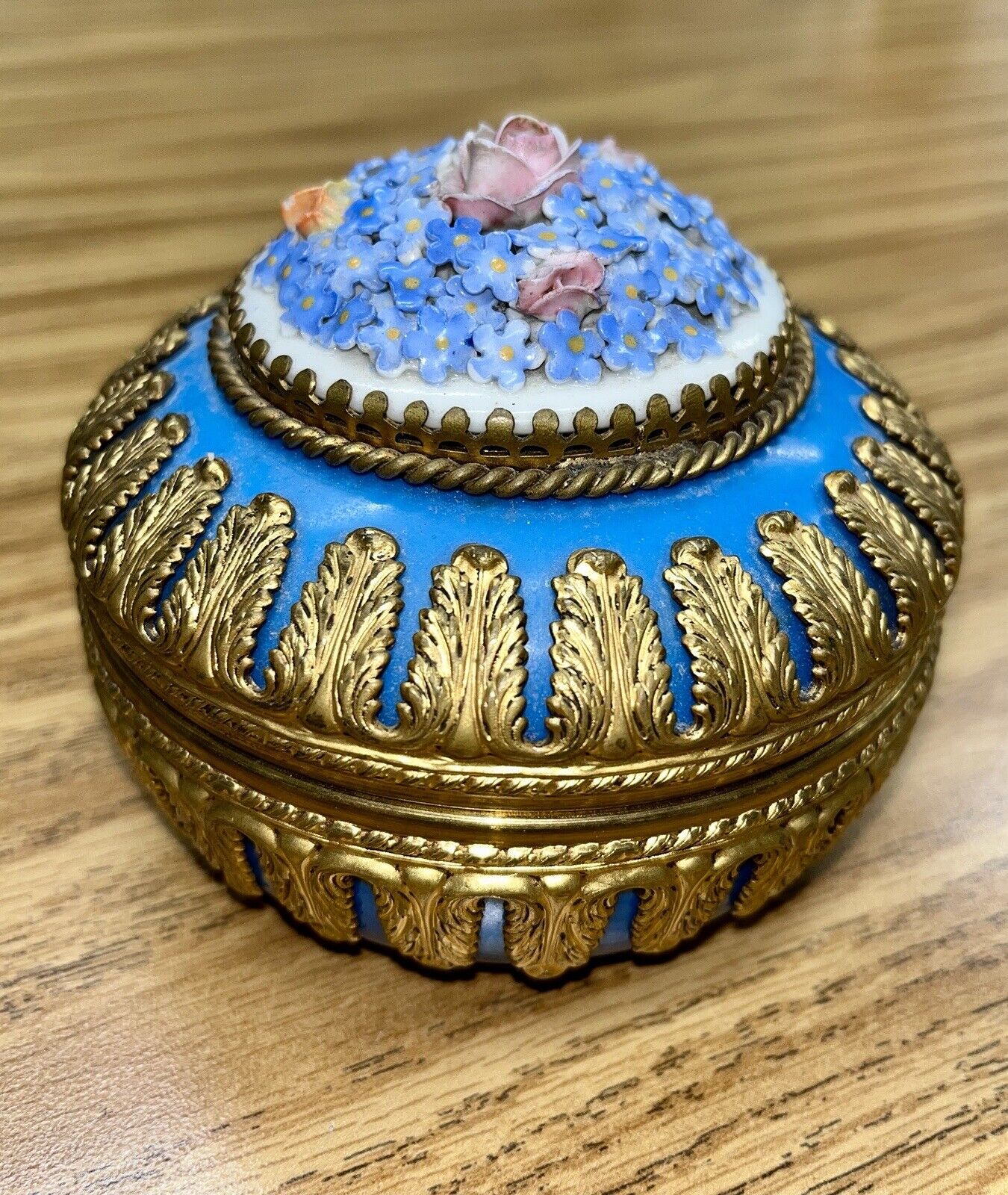 LARGE Antique German ELFINWARE TRINKET BOX / Porcelain Brass Ormolu / Jewelry