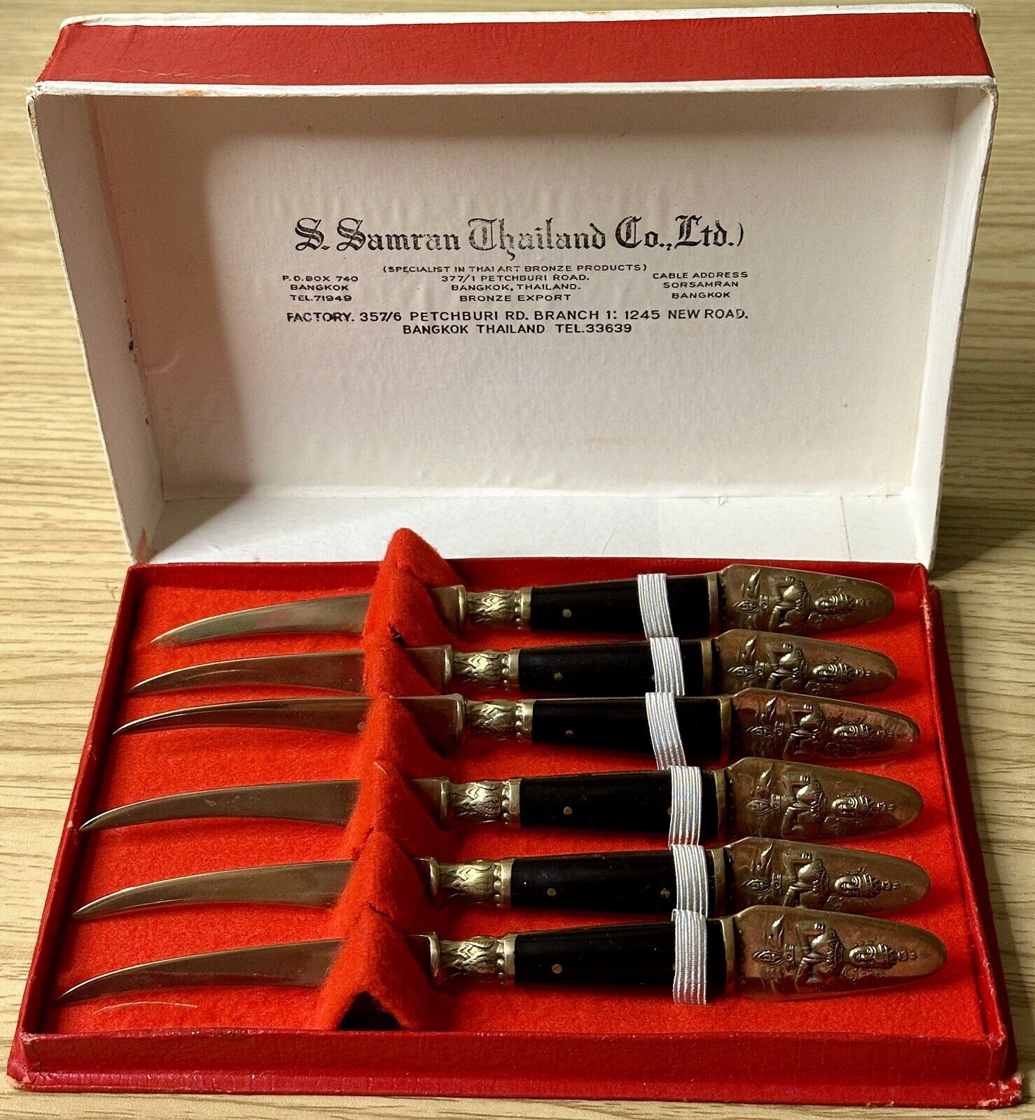 VTG S. Samran Thailand Bronze Buddha Set 6 Thai Art Seafood Knives Original Box