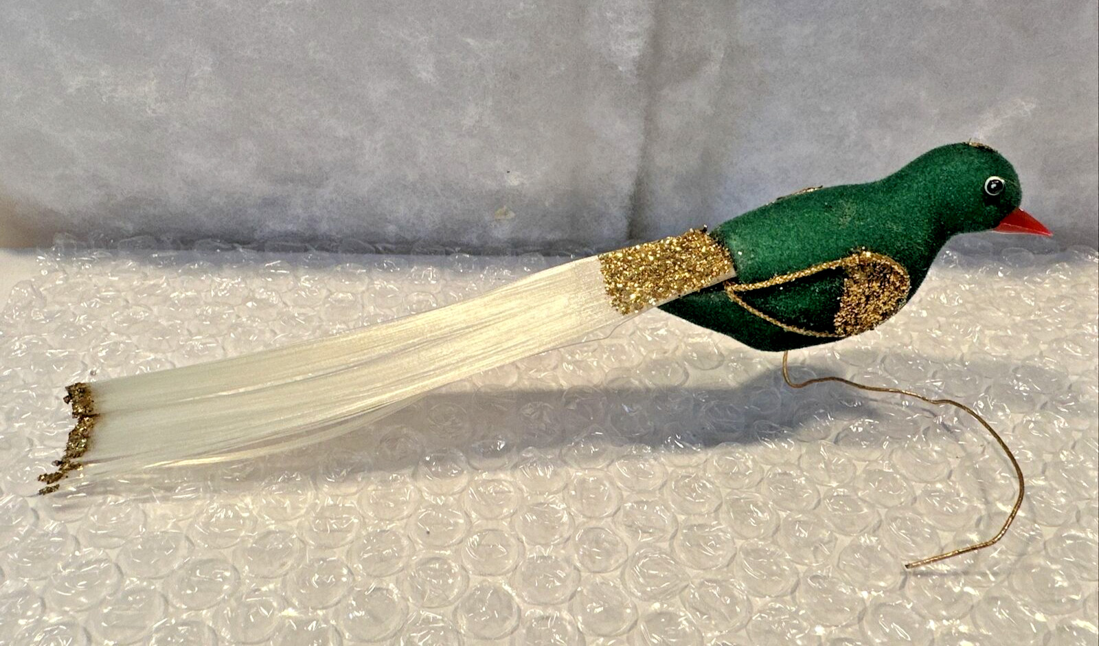 Vintage 1960s Rare Green Flocked Bird with Spun Tail 7” Ornament - Made In Japan