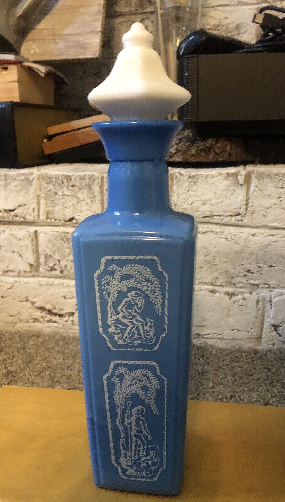 Vintage  Jim Beam Blue White Milk Glass Shepherd Dog Scene Liquor Bottle