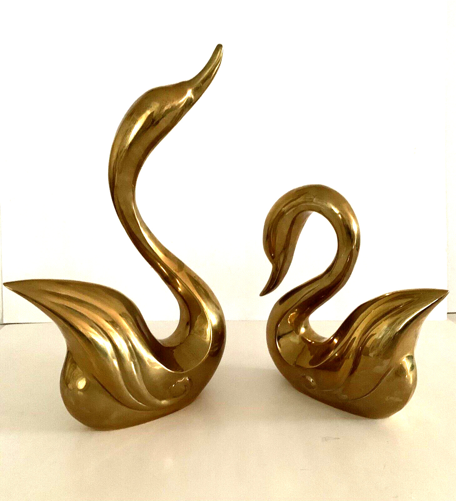 2 Large Brass Swans 14.5” 9.25” Made In Korea Swan Century Patina MCM Elegant