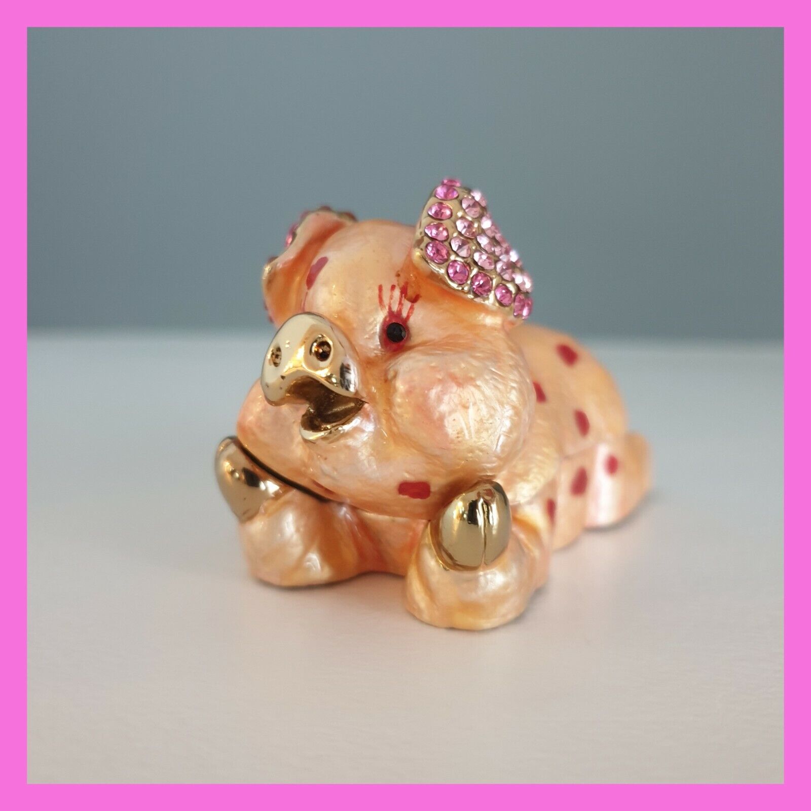 Pig Shape Trinket Box Jewelry Box Enamel Jeweled Rhinestones Signed Jere Wright