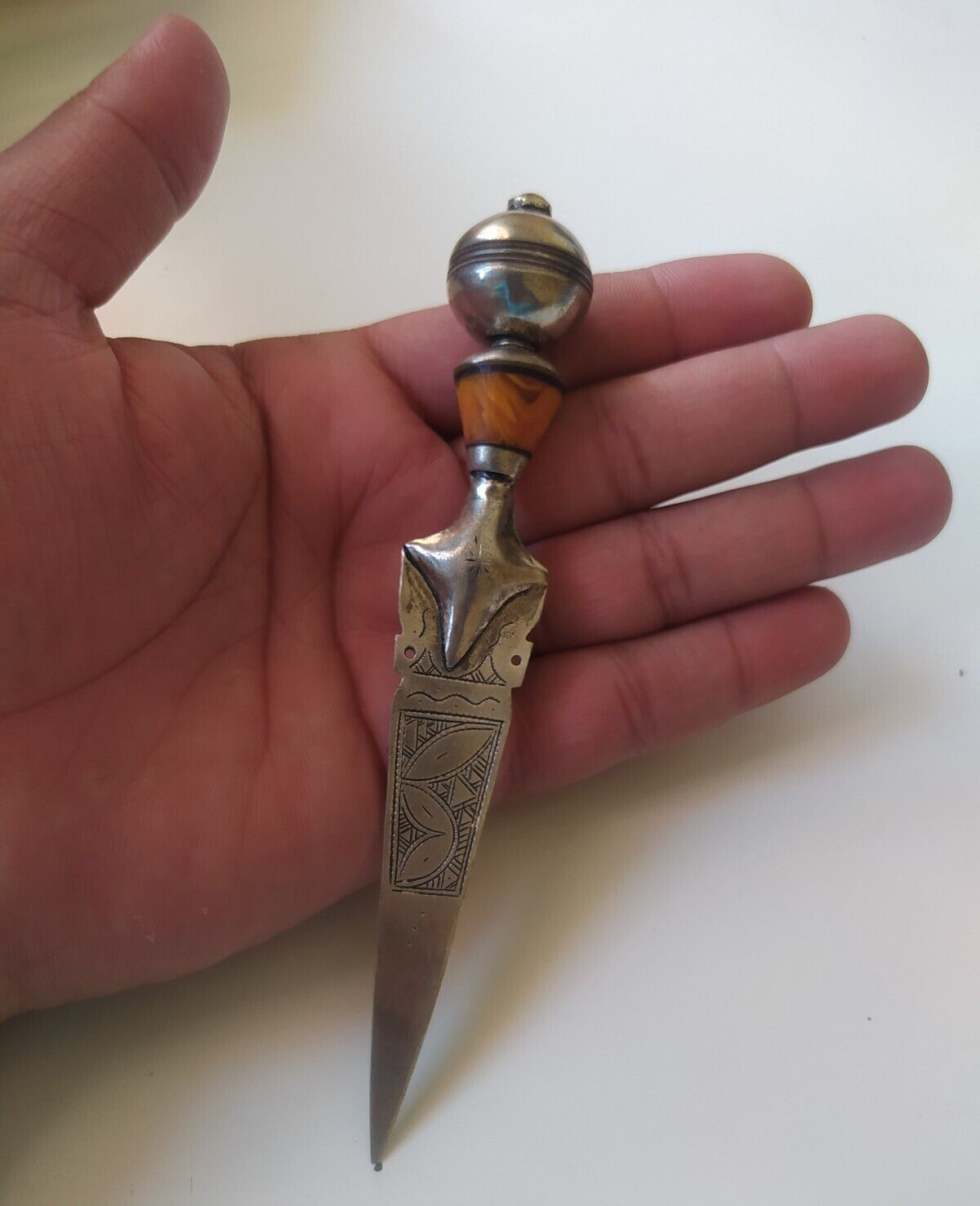Ancient Antique Viking Sterling Silver Dagger Engraved With Natural Amber Stone