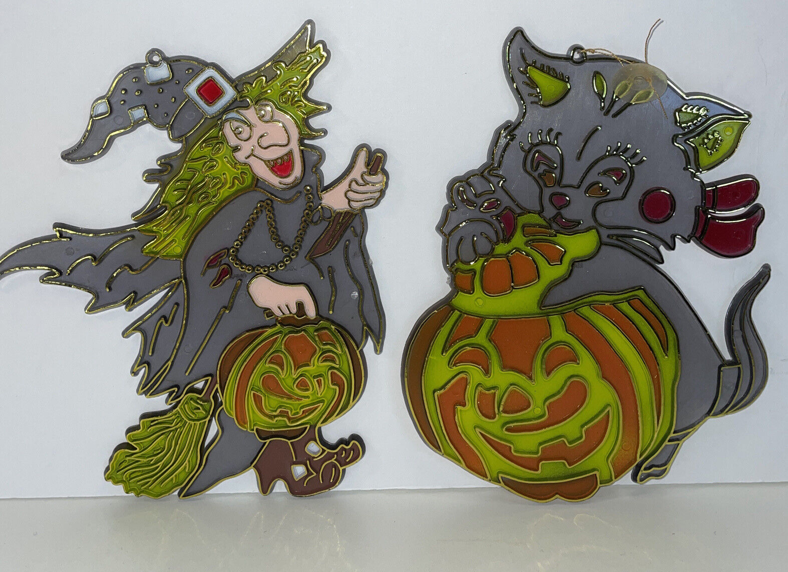 vintage stained glass plastic Halloween witch and cat sun catcher