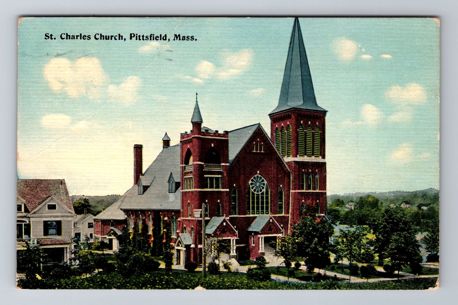 Pittsfield MA-Massachusetts, St Charles Church, c1913 Vintage Souvenir Postcard