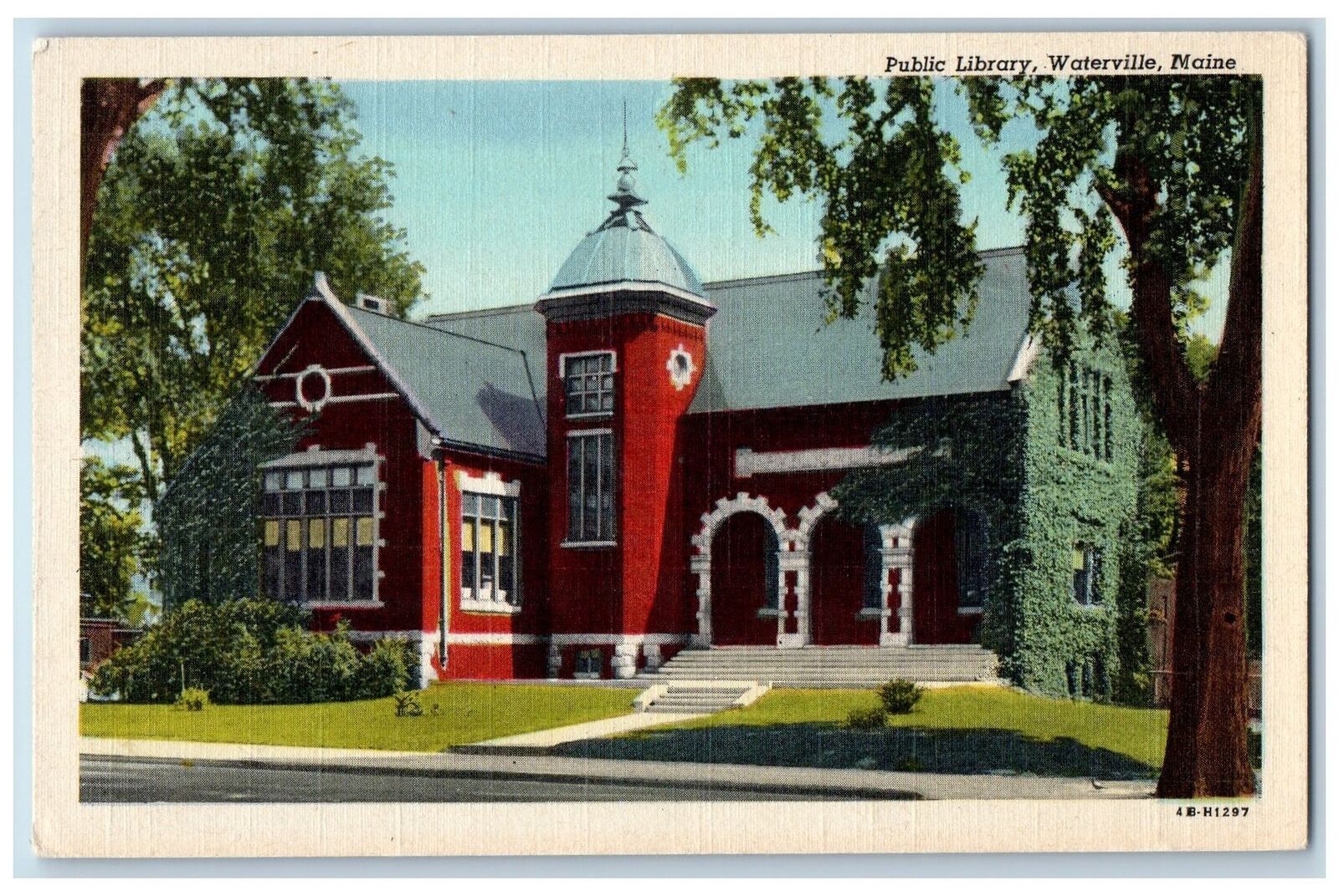 c1949 Public Library Building Facade Entrance Waterville Maine Vintage Postcard