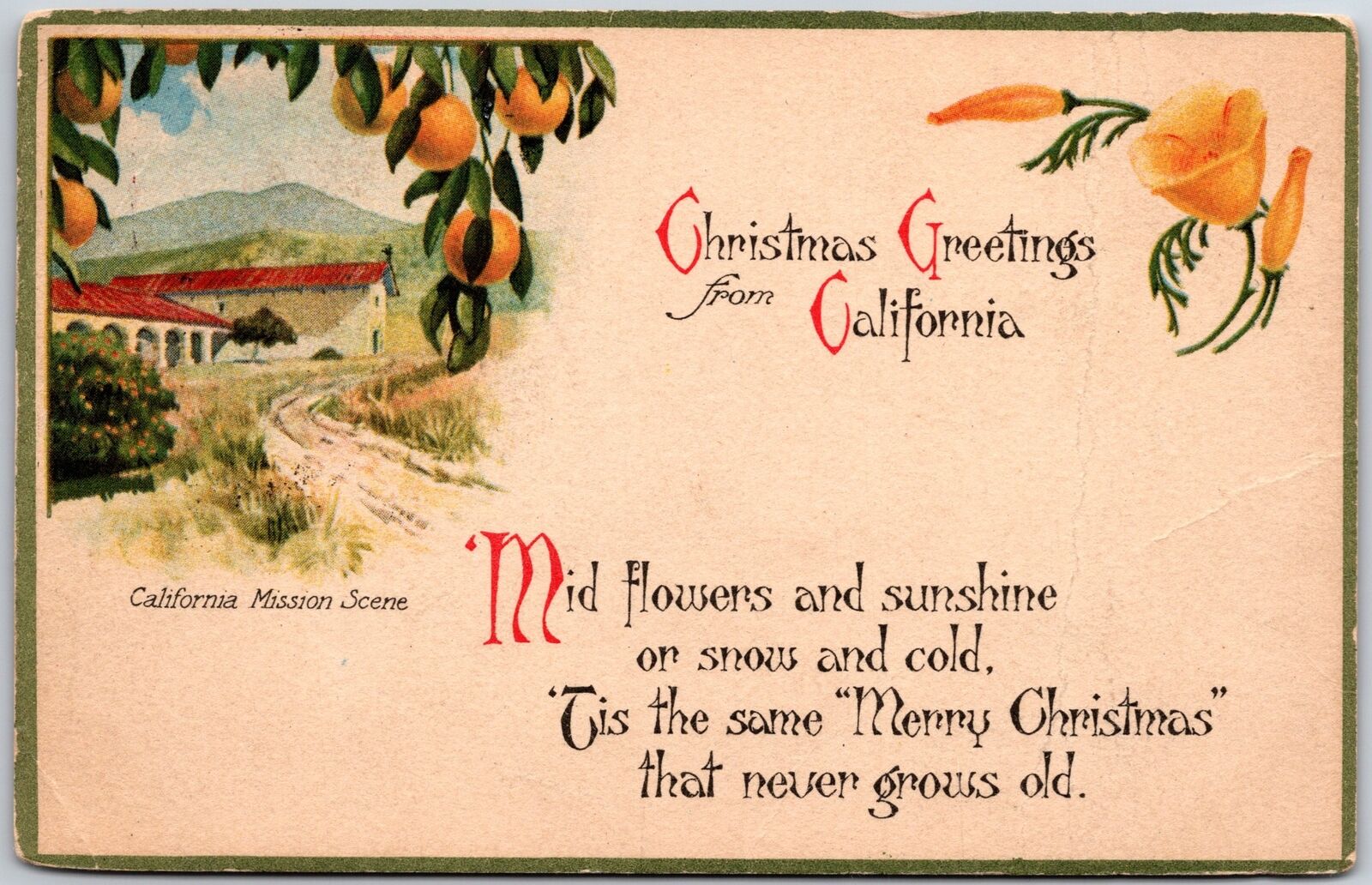 1908 Christmas Greetings, California Mission Scene, Flowers & Sunshine, Postcard