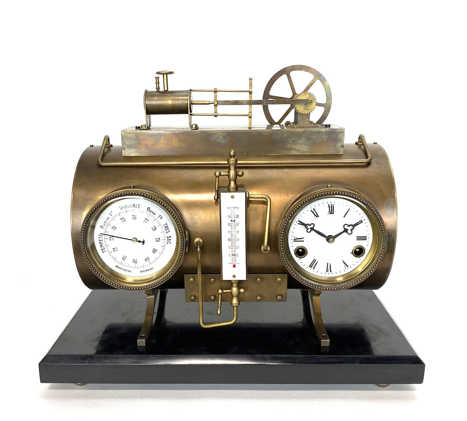 Massive French Style 8 Day Brass Automaton Steam Engine Industrial Mantle Clock