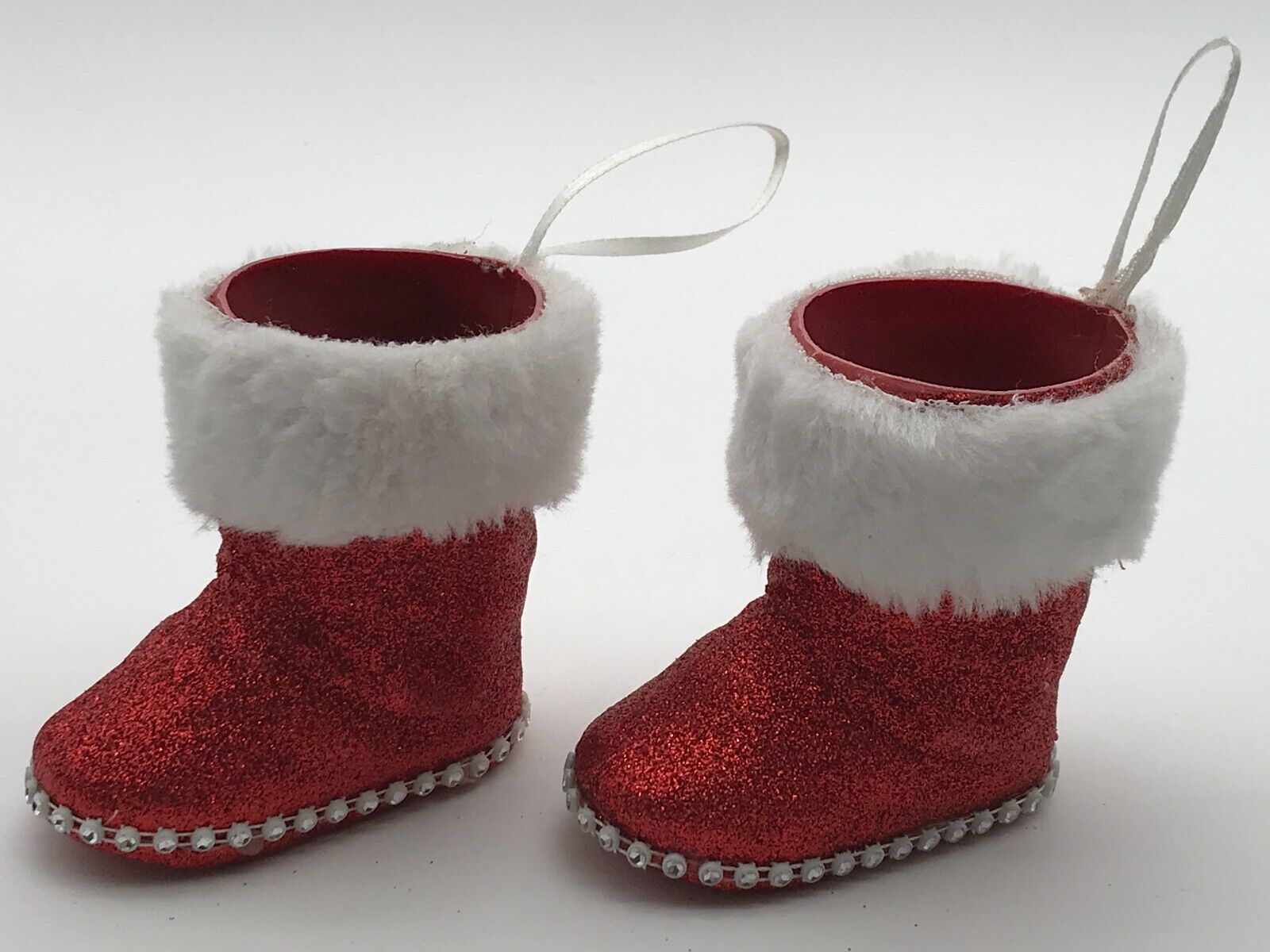 Vintage Christmas Ornaments Santa\'s Boots Containers Glitter Fake Fur Cuffs