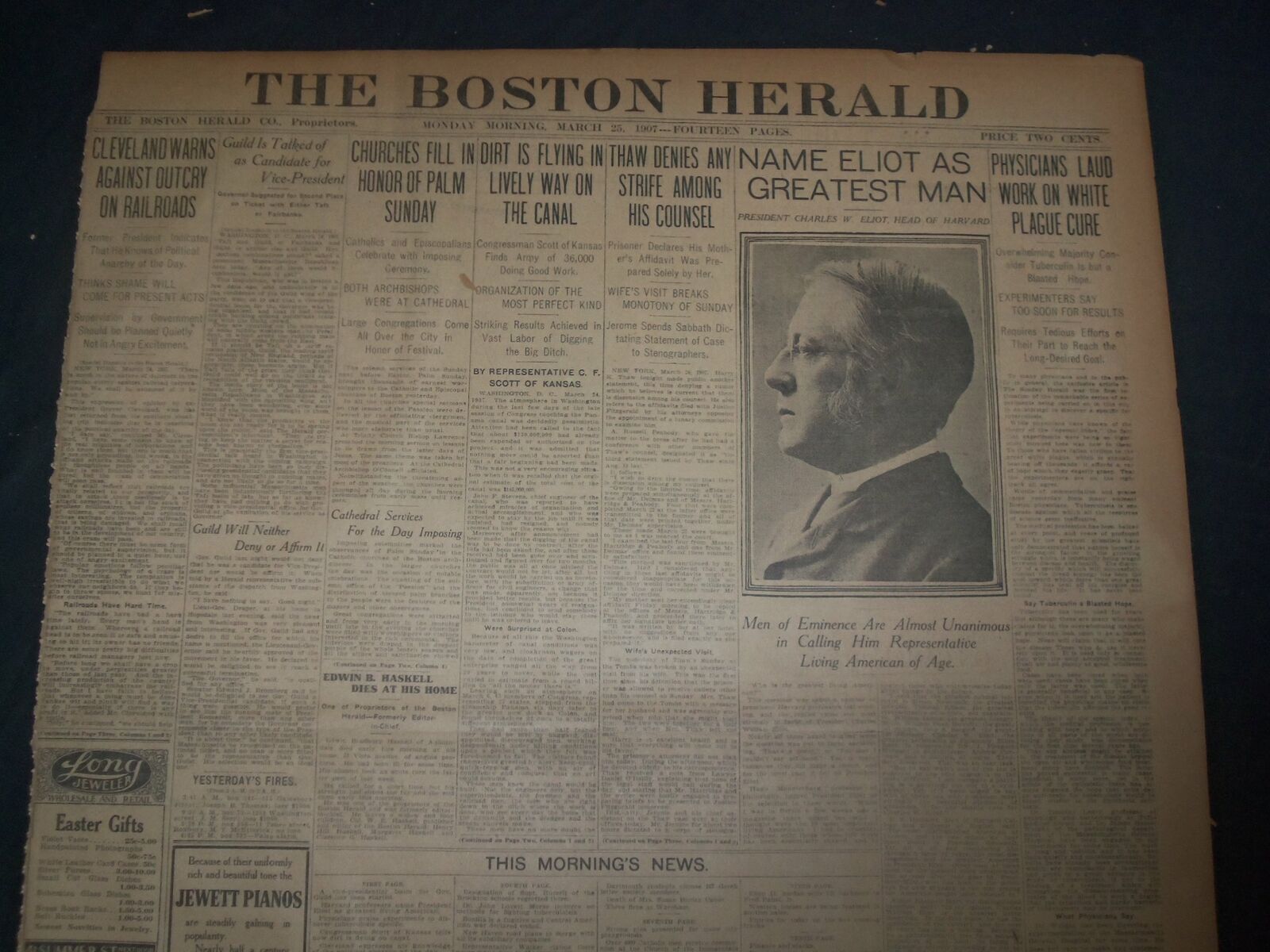 1907 MARCH 25 THE BOSTON HERALD - NAME ELIOT AS GREATEST MAN - BH 16