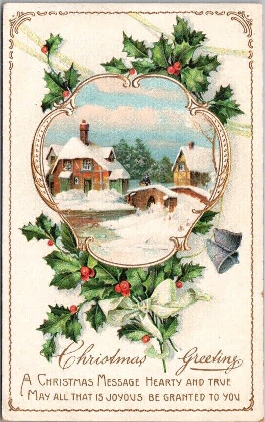 Vintage 1910s CHRISTMAS Embossed Postcard Bridge Town Scene - Printed in Germany