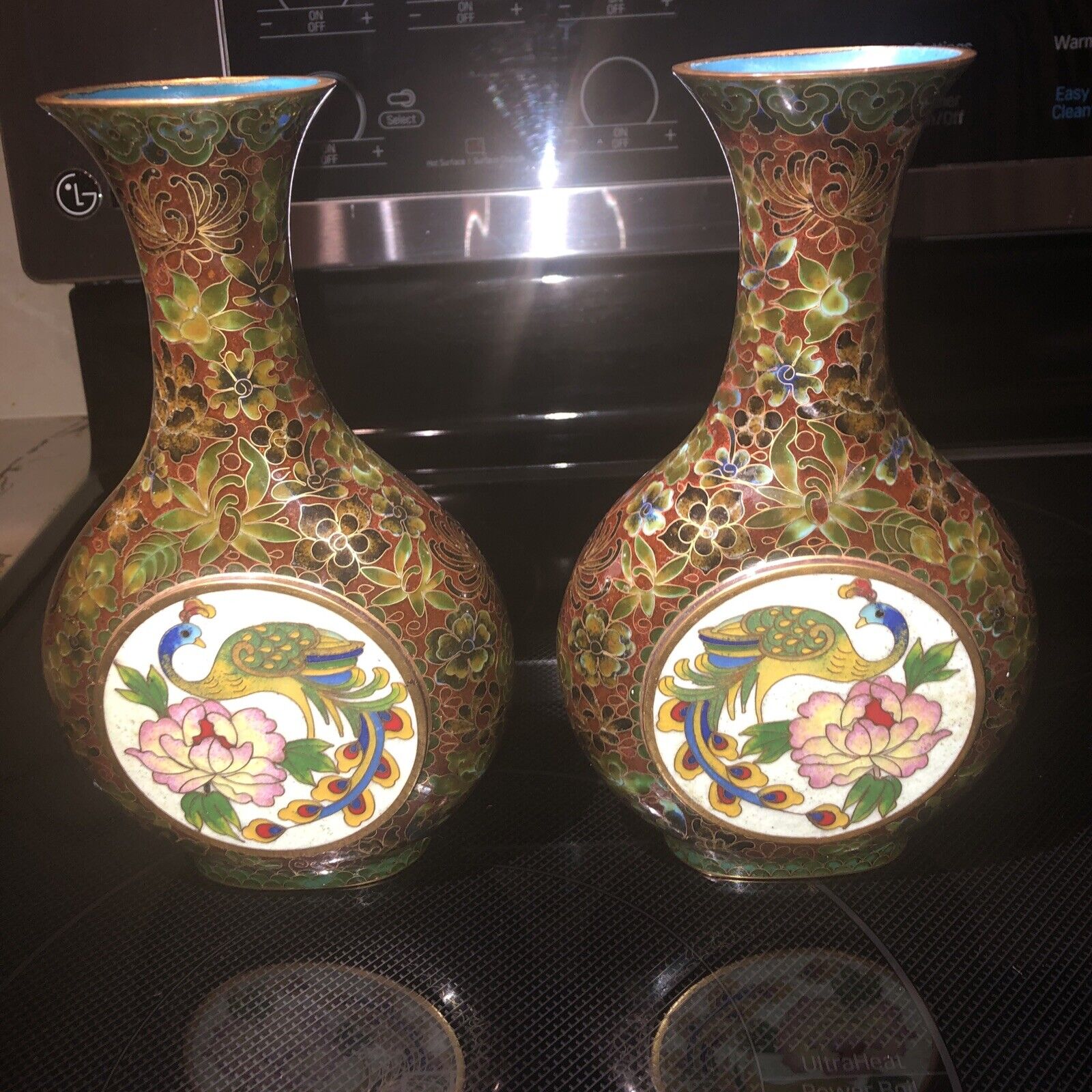 RARE PAIR ~ 8 1/4” Tall Chinese  CLOISONNÉ  Brass Hand Painted Peacocks & Flower