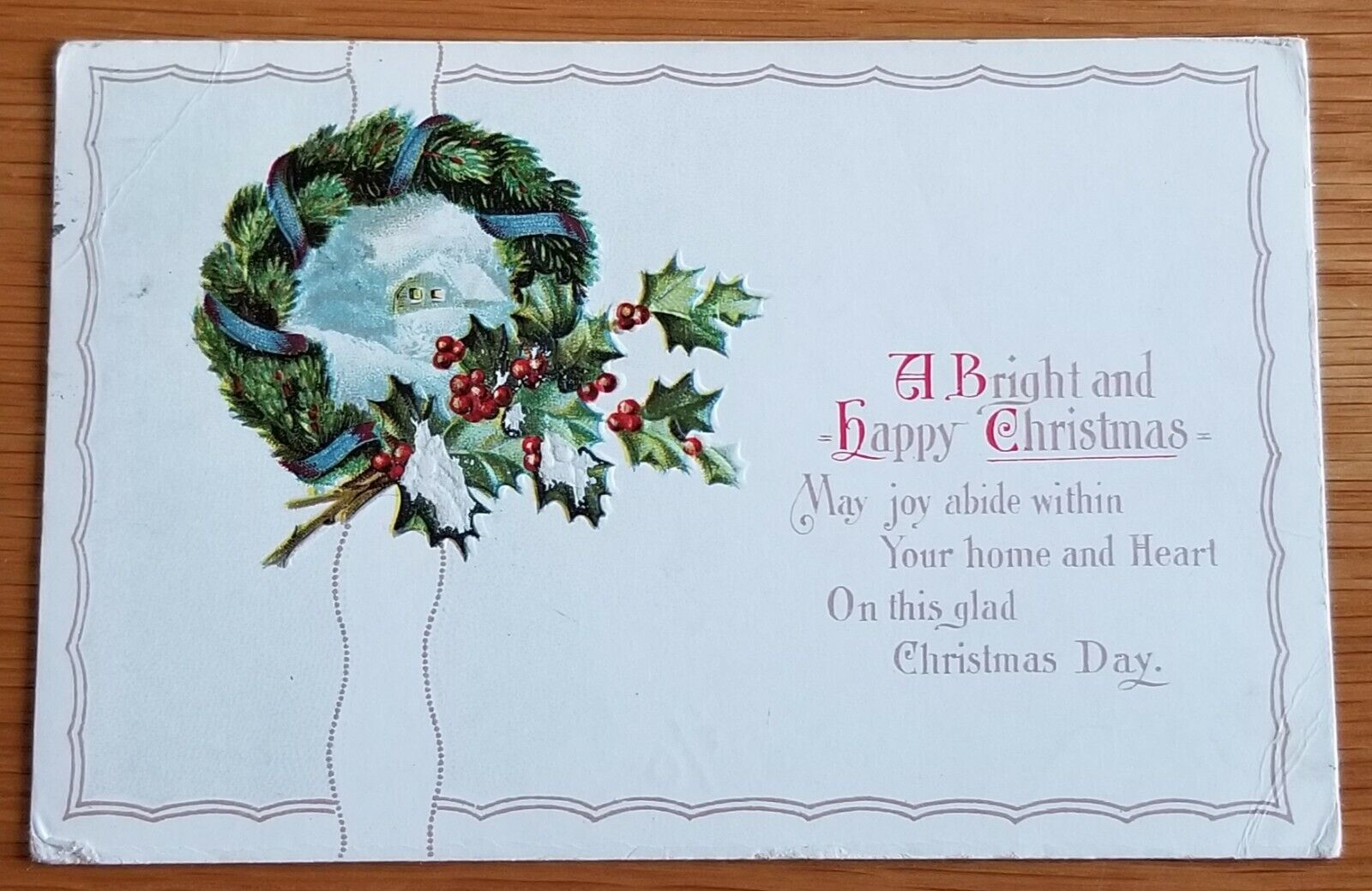 Postcard...Bright & Happy Christmas w/ Wreath & Holly (Early Divided Postm 1915)