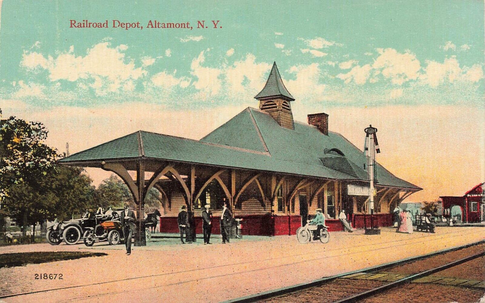 Postcard ~ Altamont, New York, Railroad Depot, Motorcycle & Early Autos