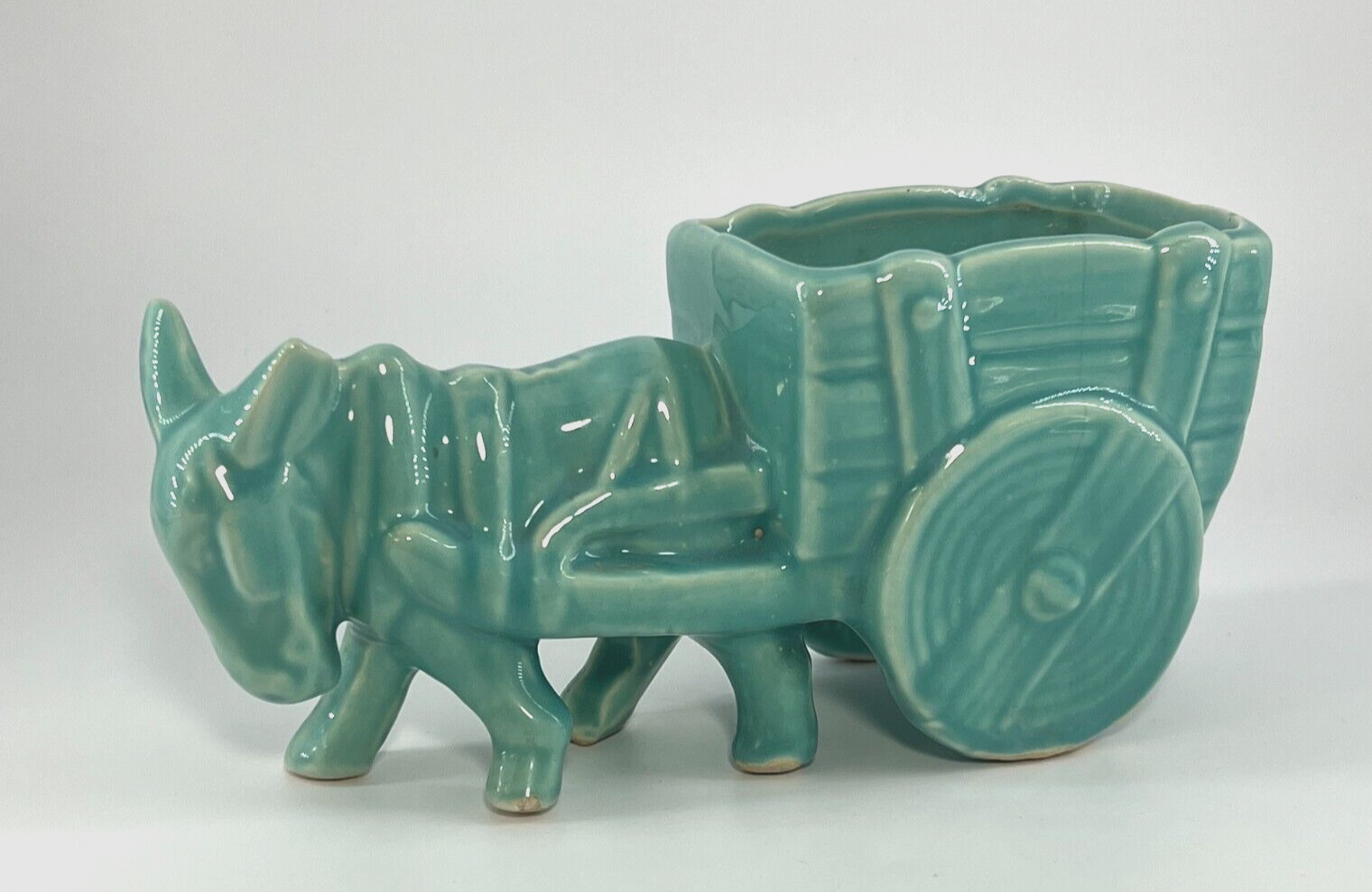 Vintage USA Burro Donkey Pulling Cart Planter Aqua Turquoise 1960s