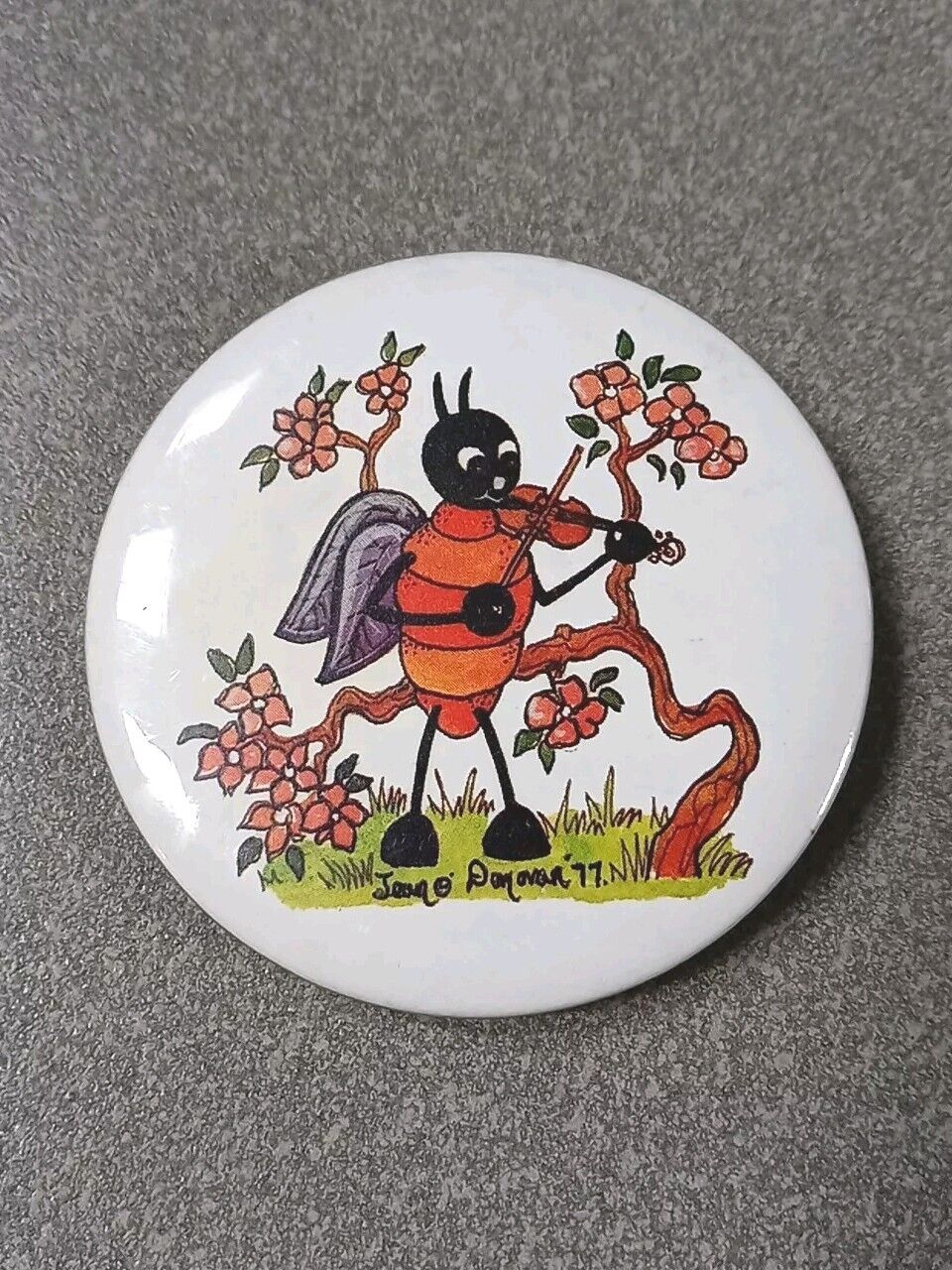 Vintage Handmade Ladybug With Fiddle Pin Pinback Badge 2-1/2\