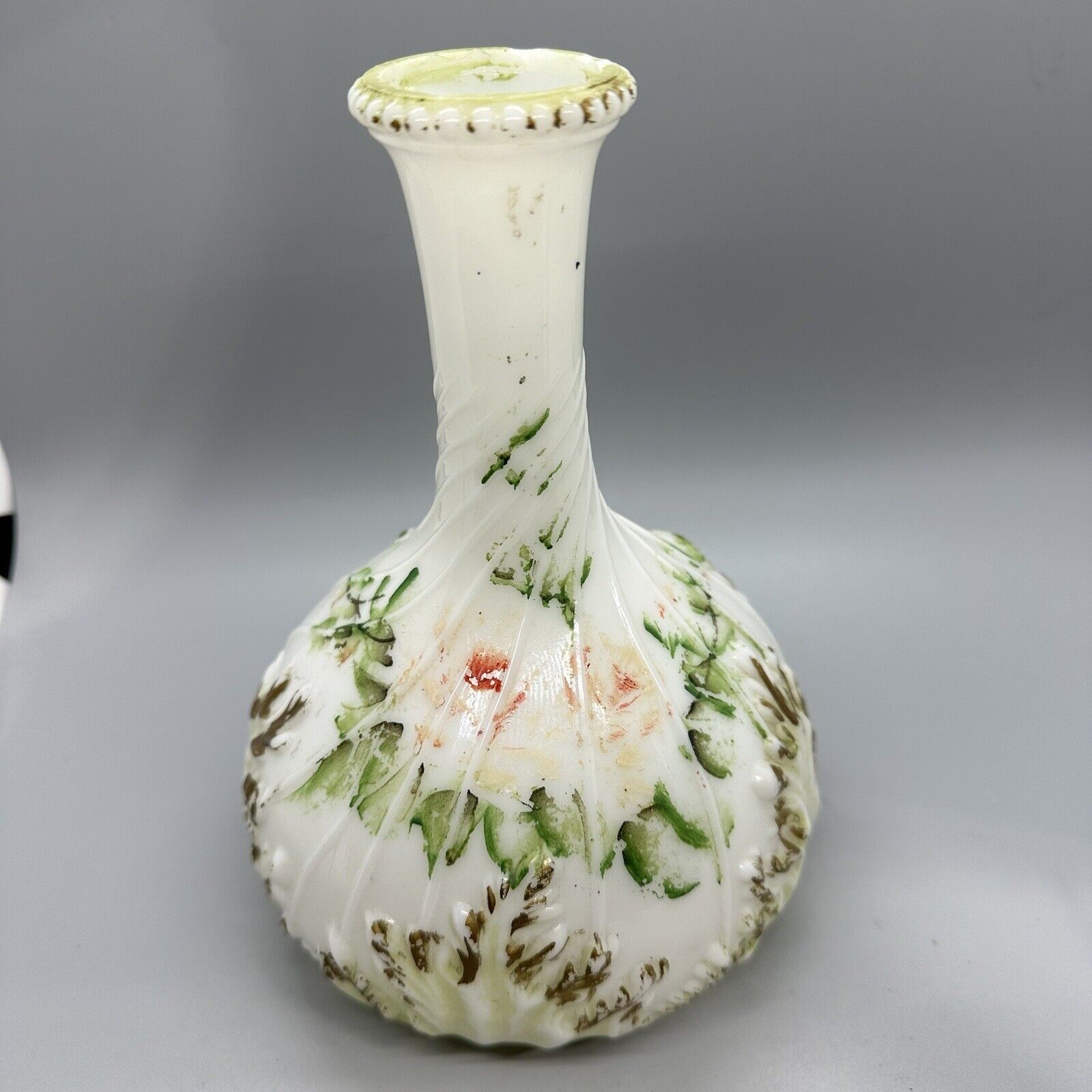 Antique Victorian Milk Glass Vase Hand Painted Floral Bottle