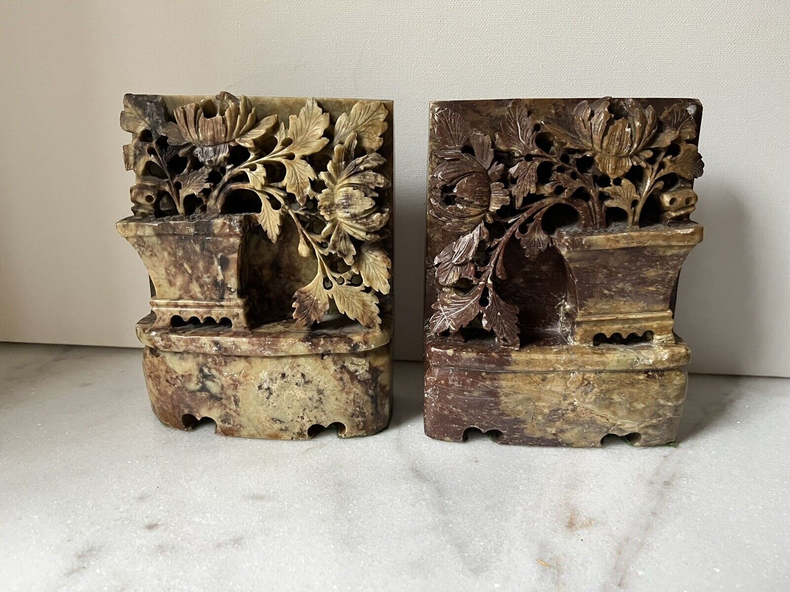 PAIR OF VINTAGE CHINESE RED FLORAL CARVED SOAP STONE BOOK ENDS  -  PRE-OWNED