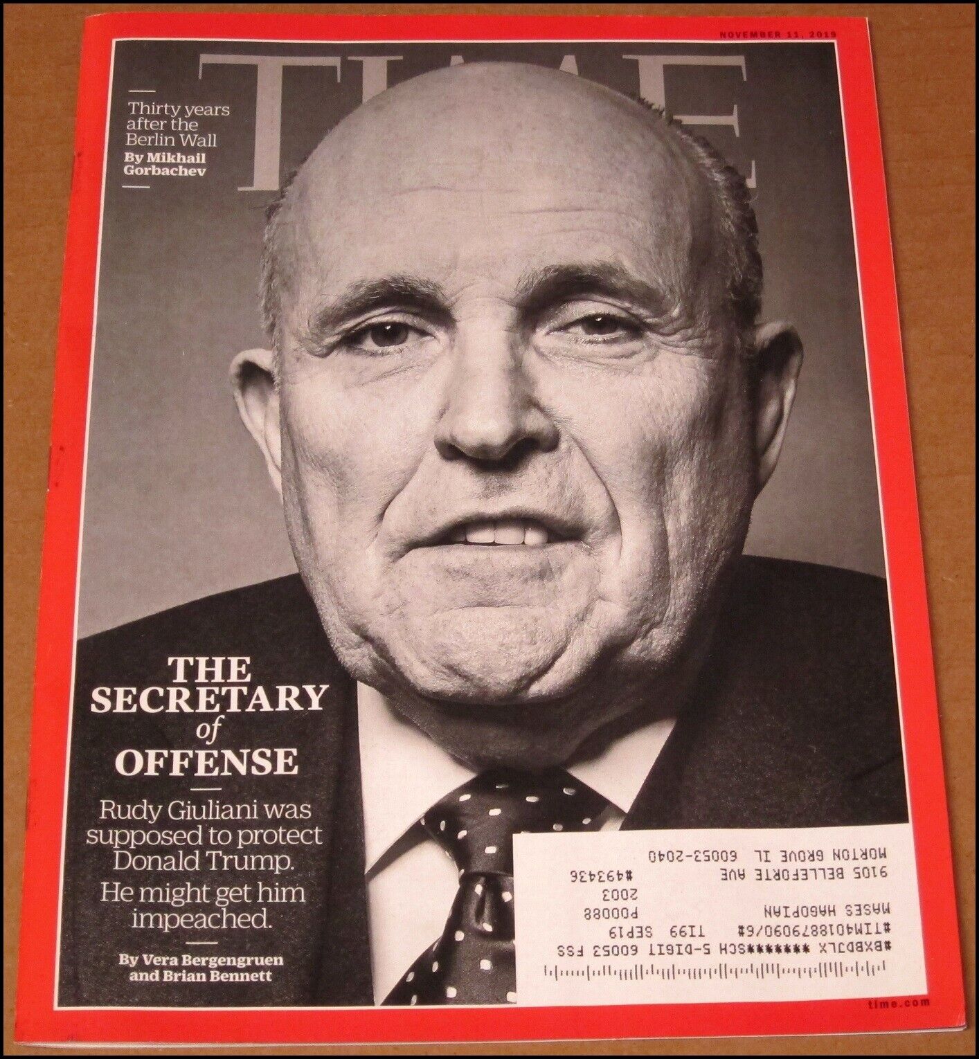 11/11/2019 Time Magazine Rudy Giuliani Berlin Wall Mikhail Gorbachev Irishman