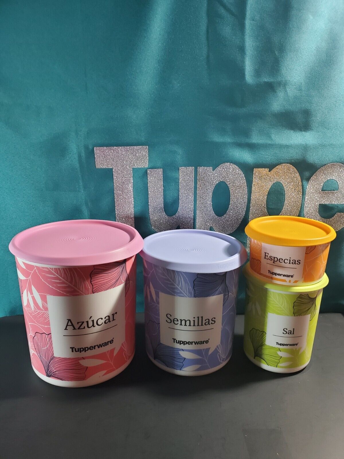 Tupperware One Touch Set of 4 Canisters 4.3L, 3L, 1.25L & 575ml Leaves Themes _