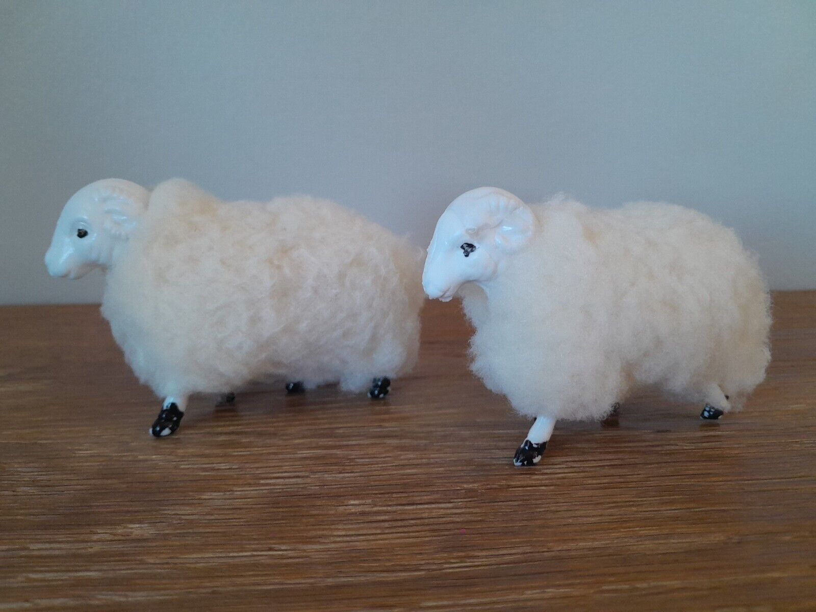Vintage Wool Sheep Figurines Real Sheepskin Wool Plastic Body Folk Art Set of 2