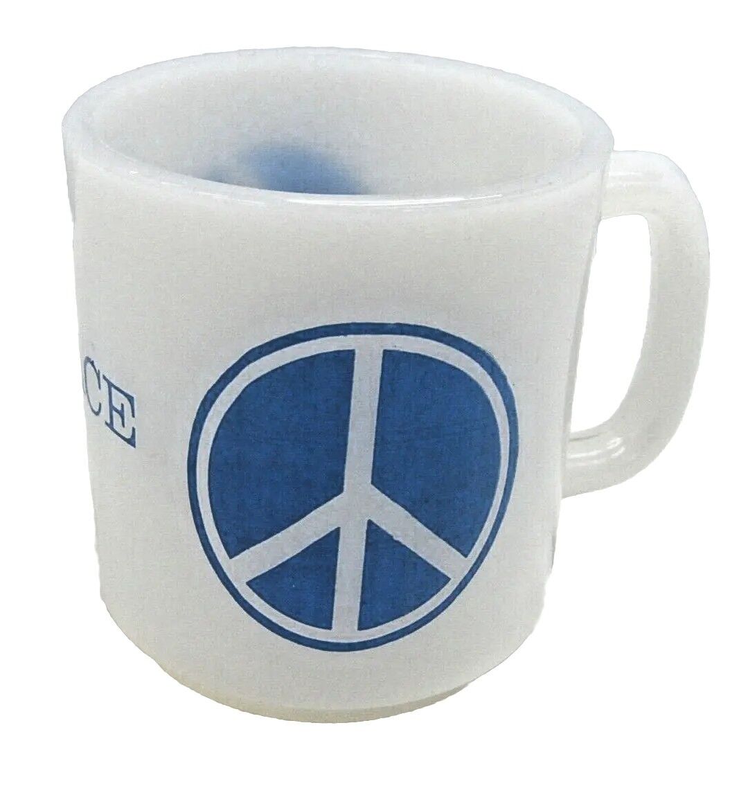 ☮️   1970's Hippy PEACE Sign and Dove in Blue Milk Glass Coffee Mug #VO