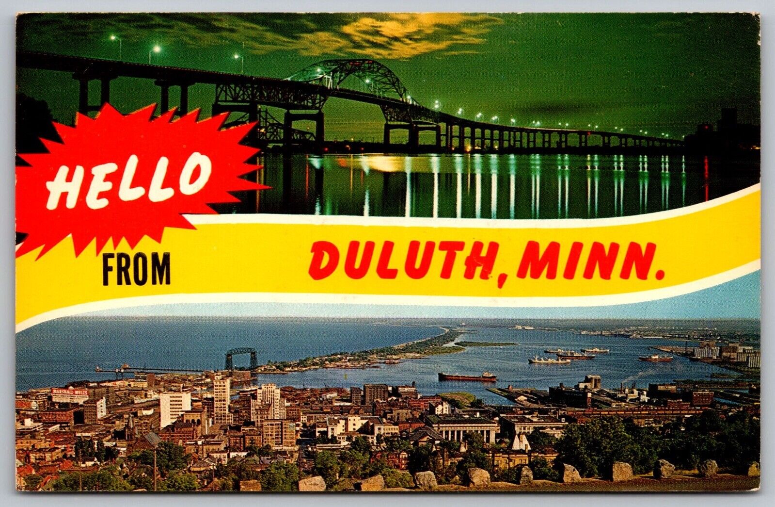 Hello Duluth Minnesota Multi View Night Superior Wisconsin Harbor VNG Postcard