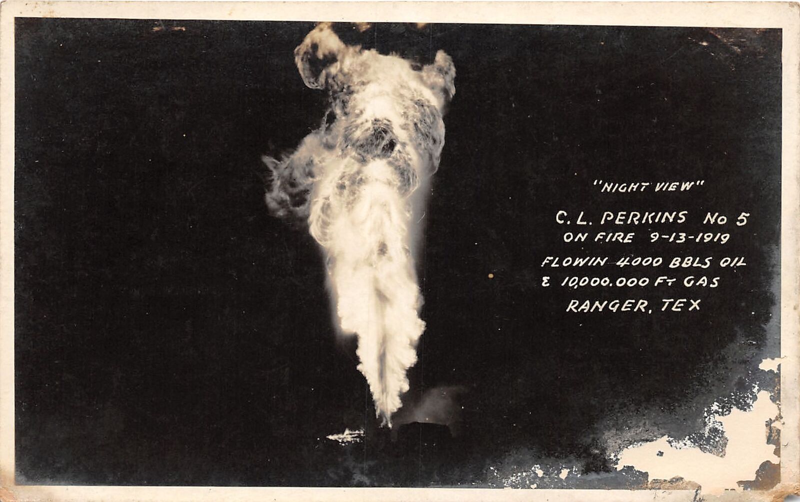 J32/ Ranger Texas RPPC Postcard c1919 C. L. Perkins Oil Well Fire Disaster  209
