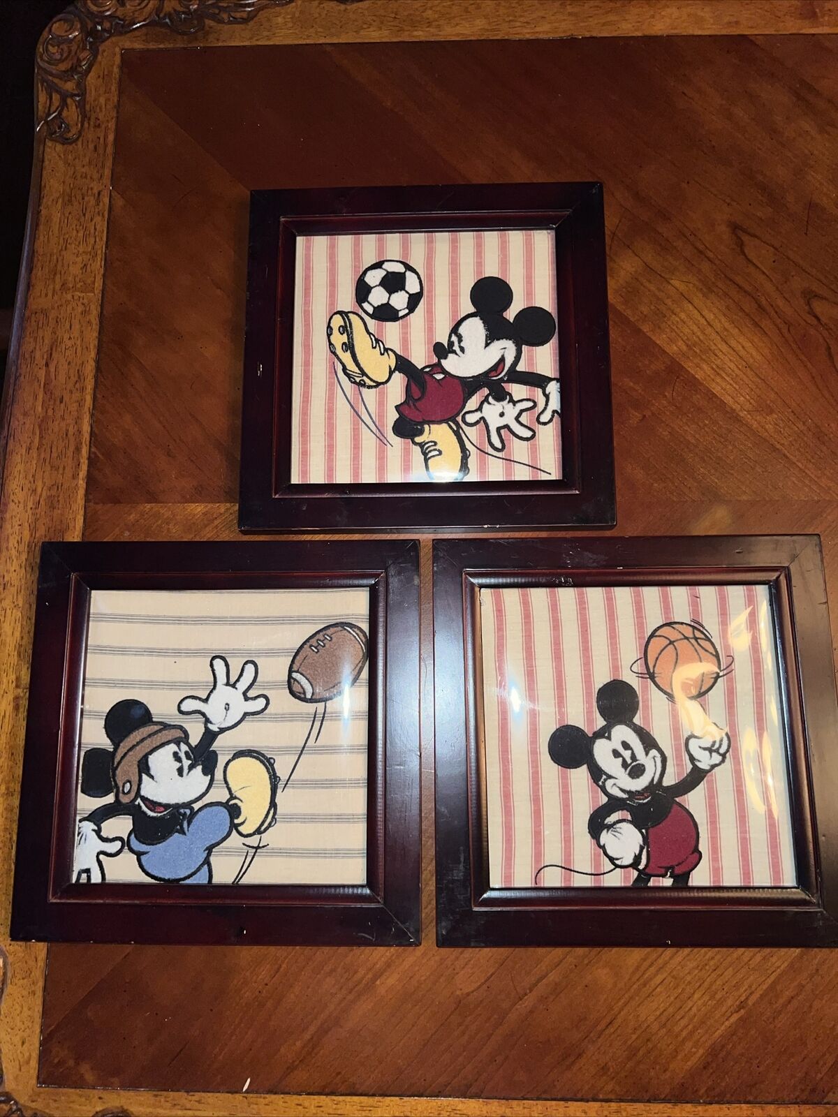 3 Vintage Disney Framed Mickey Mouse Embroiders Fabric Sports 3 Piece Wall Decor