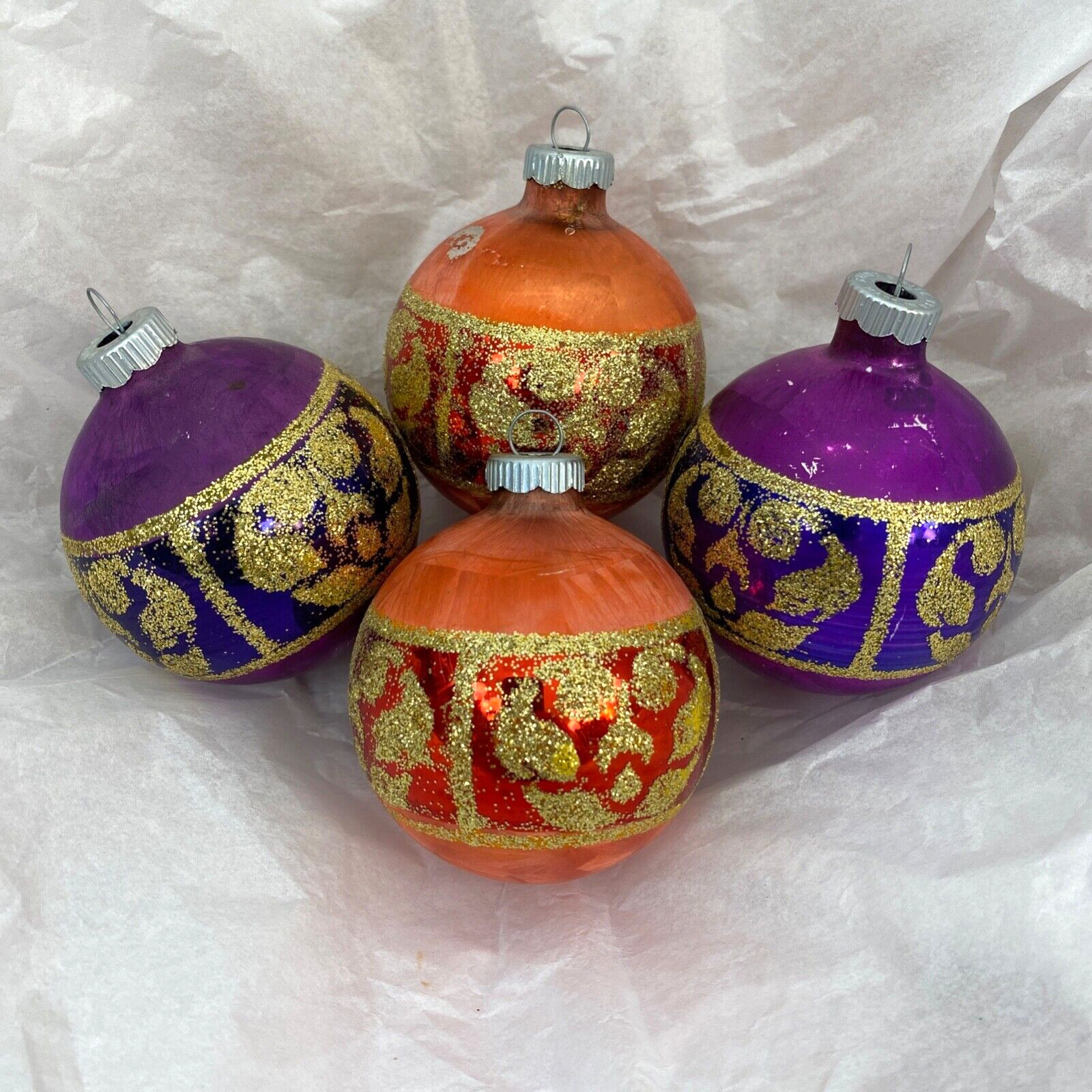 Lot of 4 Vintage Orange Purple Shiny Brite Glass Christmas Ornaments Ball Round